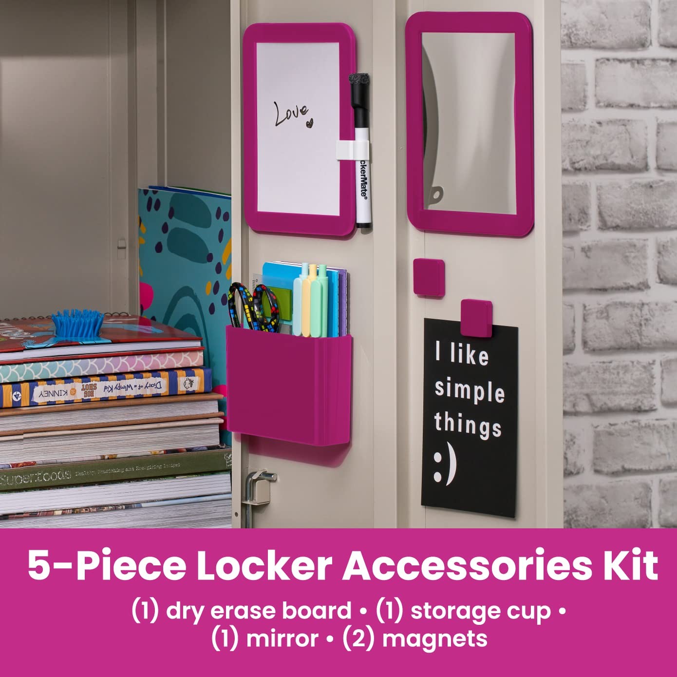 LockerMate 6-Piece Locker Organizer Kit, Includes Mirror, Small, Pink