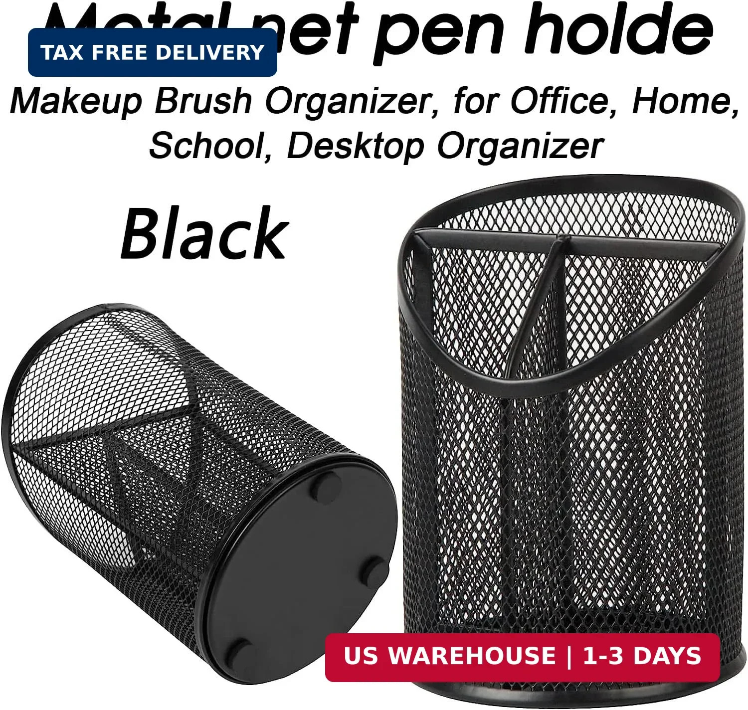 AKOAK Metal Net Pen Holder, Black 3 Compartments Pencil Organizer, Makeup Brush