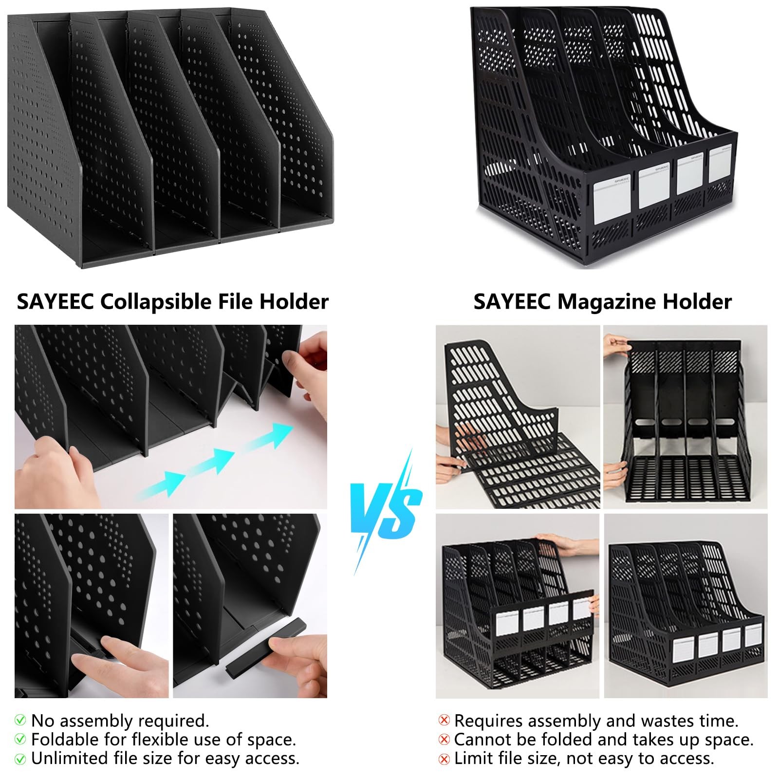 SAYEEC Collapsible Magazine Holder Plastic 1 Pcs, Black (4 Compartments)