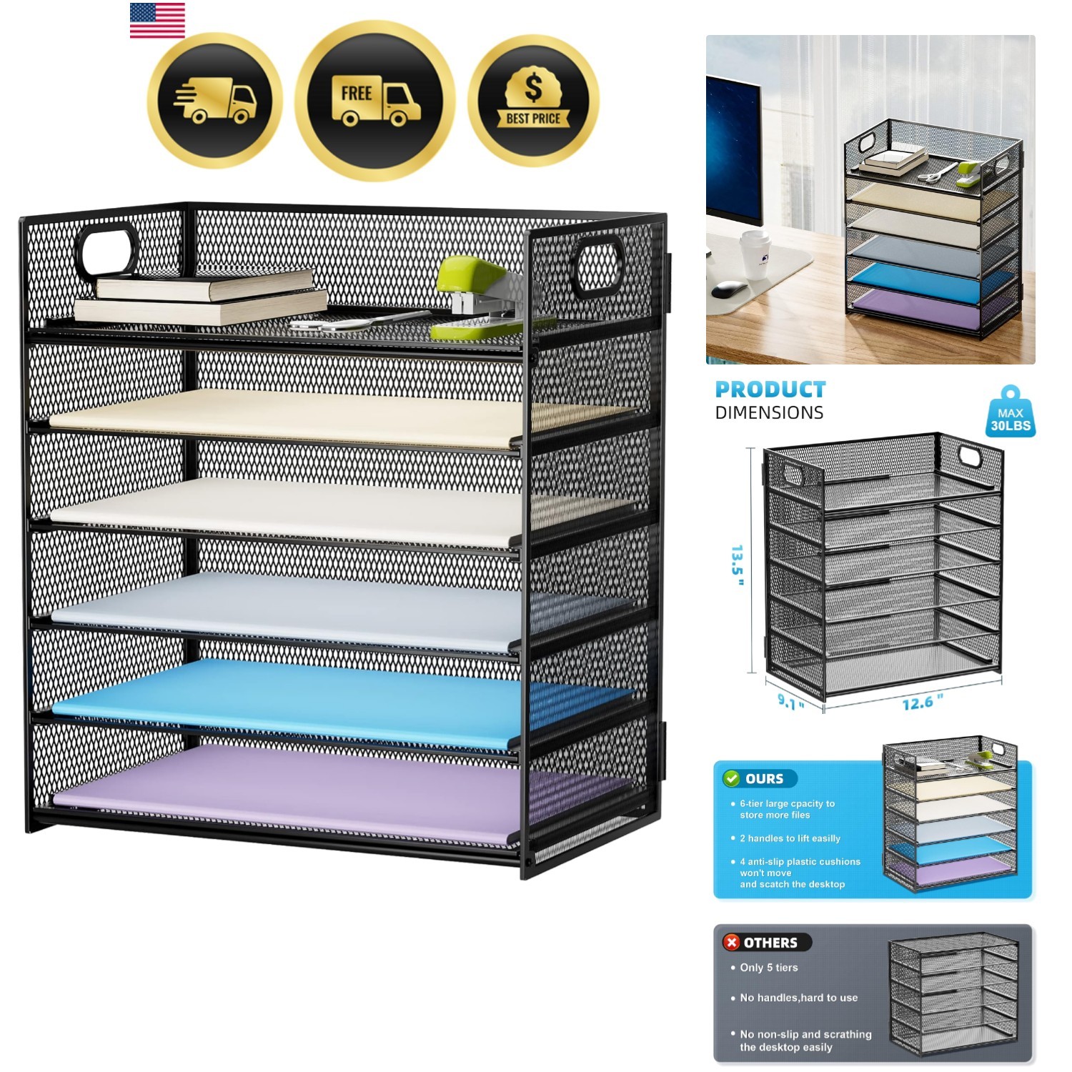 6 Tier Paper Organizer Letter Tray – Mesh Desk File Organizer with Handle, Pa…