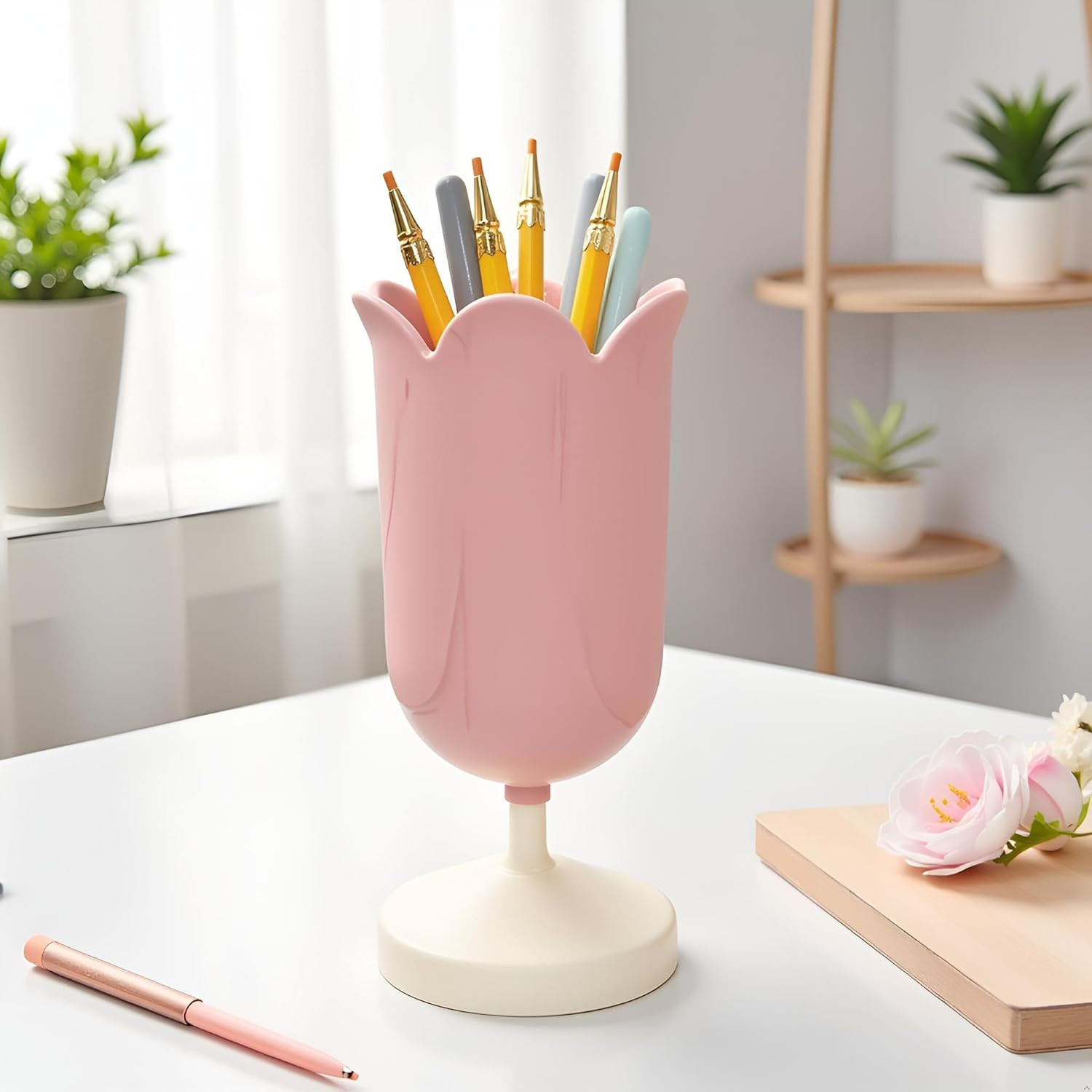 Pink Plastic Tulip Pen Holder Cute Pens Cup for Desk Pen Brush Organizer Office