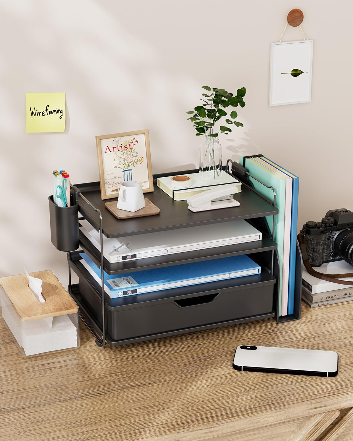 4 Tier Desk Organizer with Drawer & Pen Holder 13.3″ x 8″ x 10.8″ Black