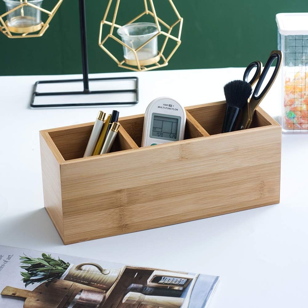 Eco-Friendly Bamboo Desk Organizer with 3 Compartments – Multi-Functional Caddy