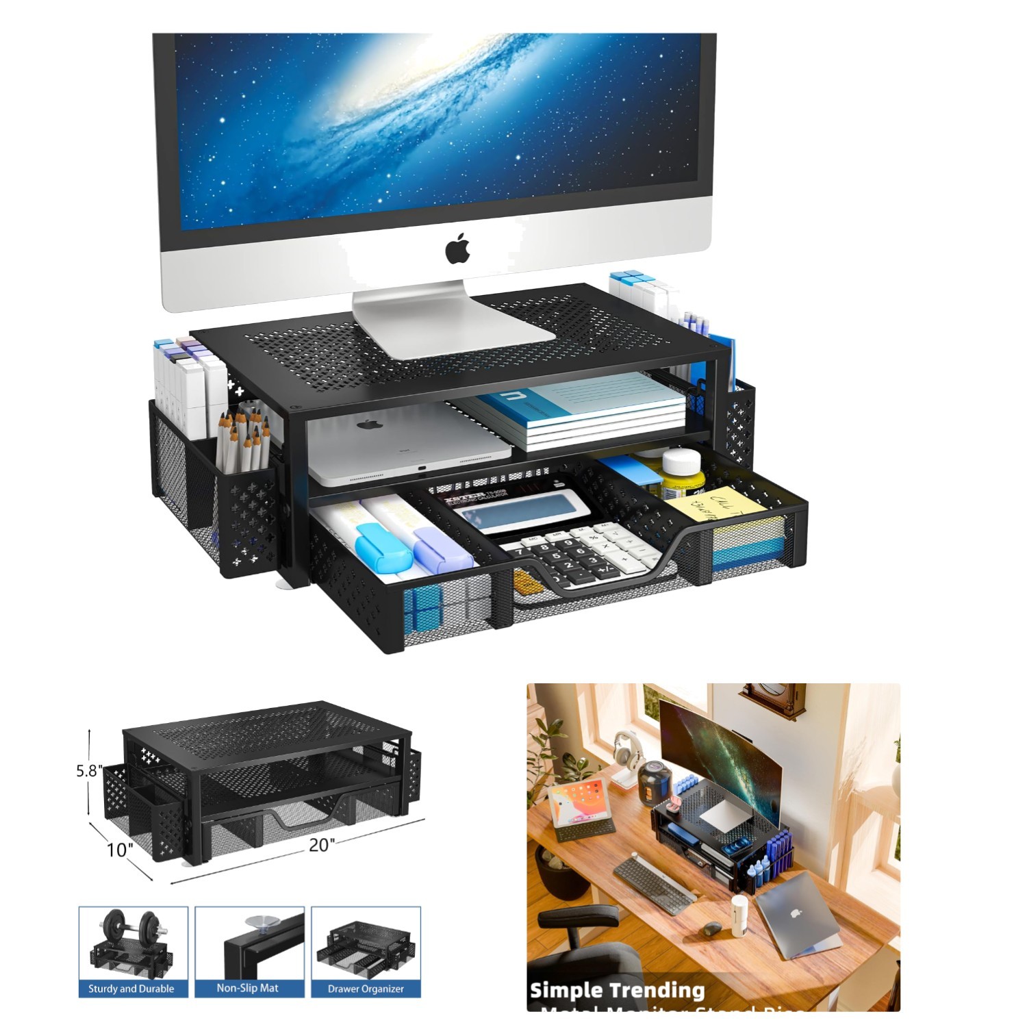 Space-Saving Black Metal Monitor Riser with Drawer & Pen Holder – 50 Kg Capacity