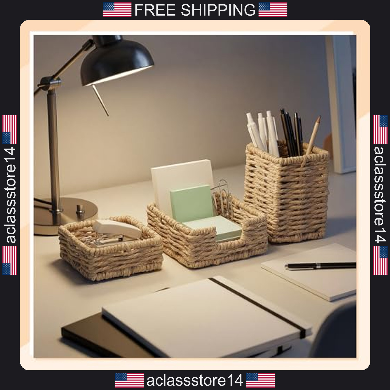 Khaki Paper Rope Woven Desk Organizer Set of 3 Office Home Desktop Accessories