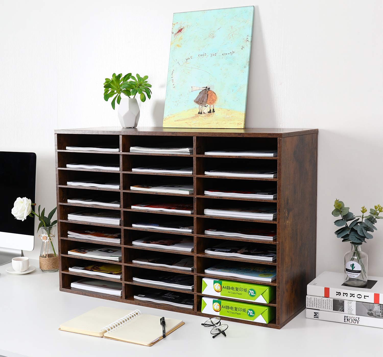 27 Compartments Wooden Literature Organizer with Adjustable Shelves, 13500 Sh…