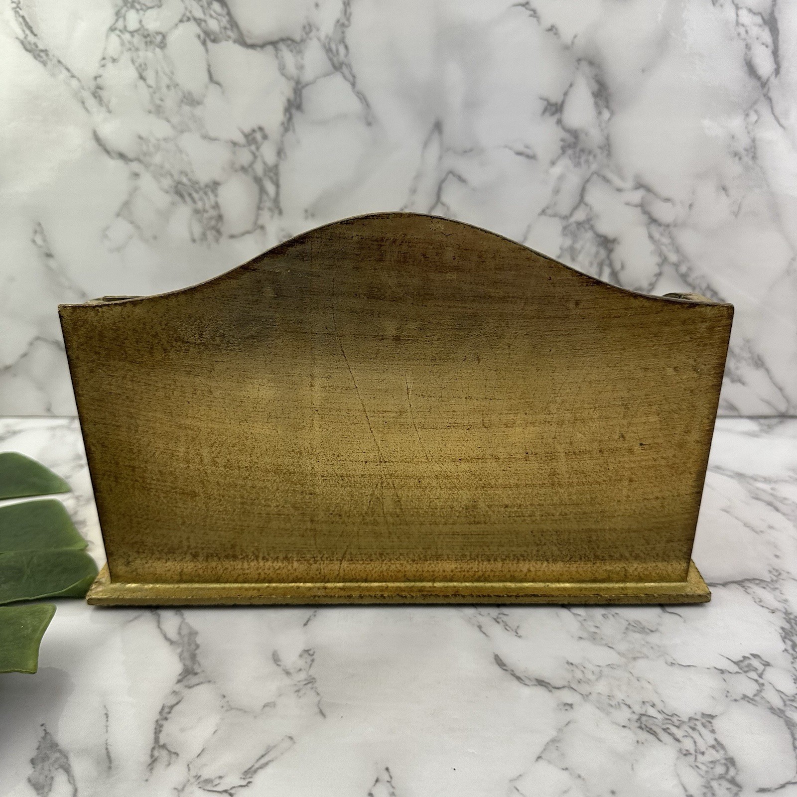 Vintage 90s Mail File Organizer Gold Metallic Finish Italy Desk Office Wood