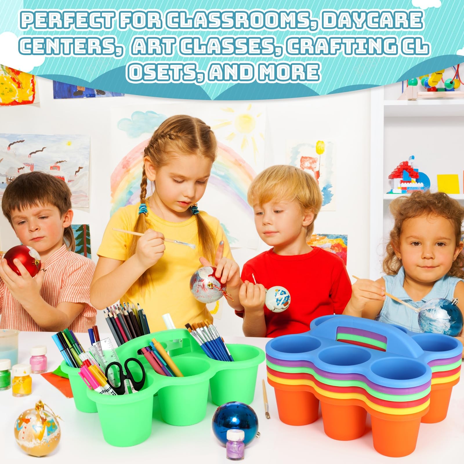 6 Pack Classroom Caddy Organizer with Handle, Plastic Art Caddy, Drink Cup Ca