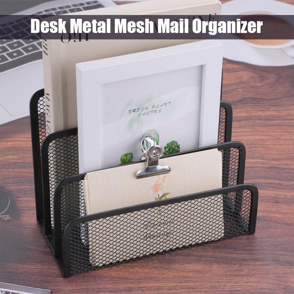 Desk Mail Organizer, 2 Pack Metal Mesh Small File Holders with 6 Metal Clips Let