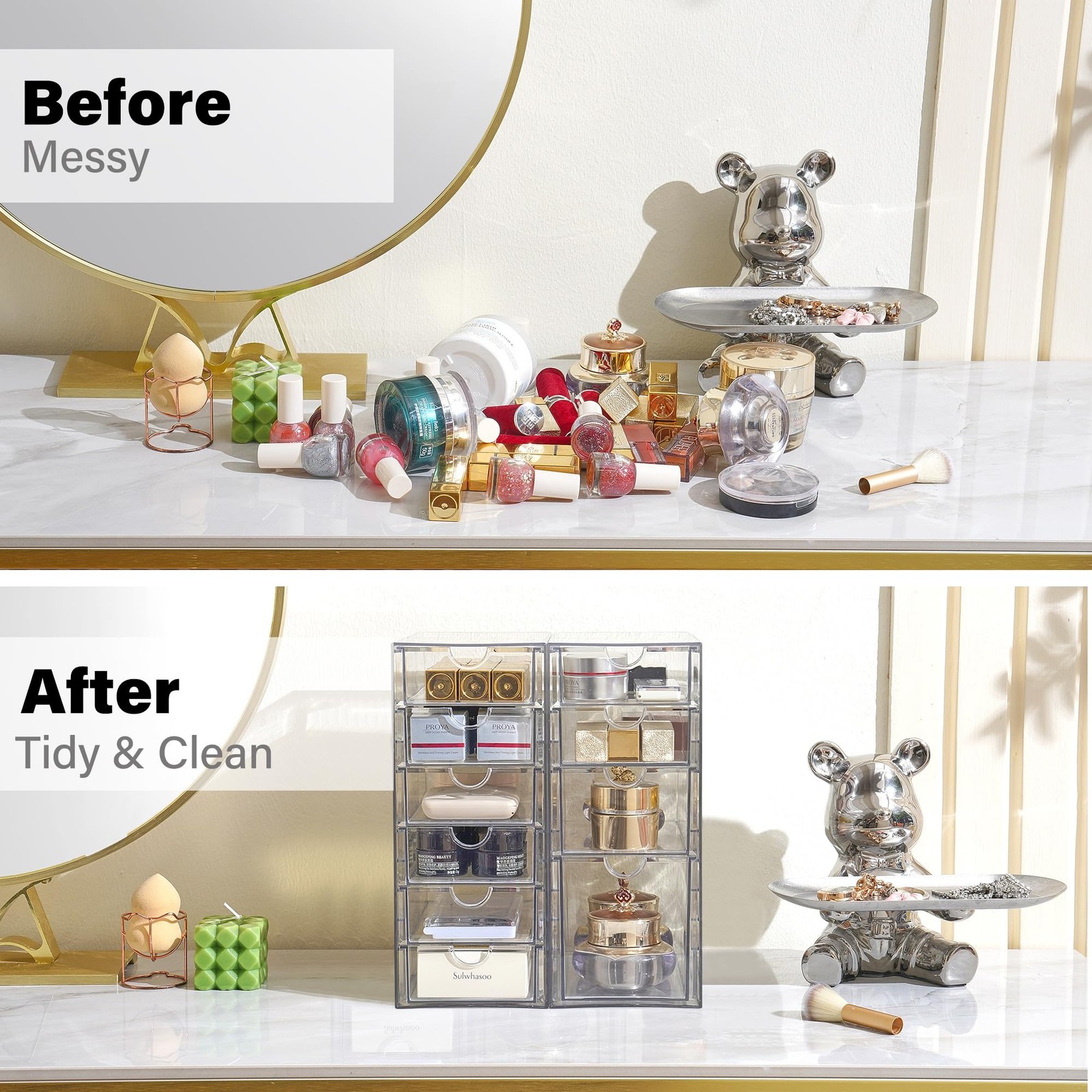 Prsildan Acrylic Drawer Makeup Organizer with 10 Drawers, Set of 2 Office Des…