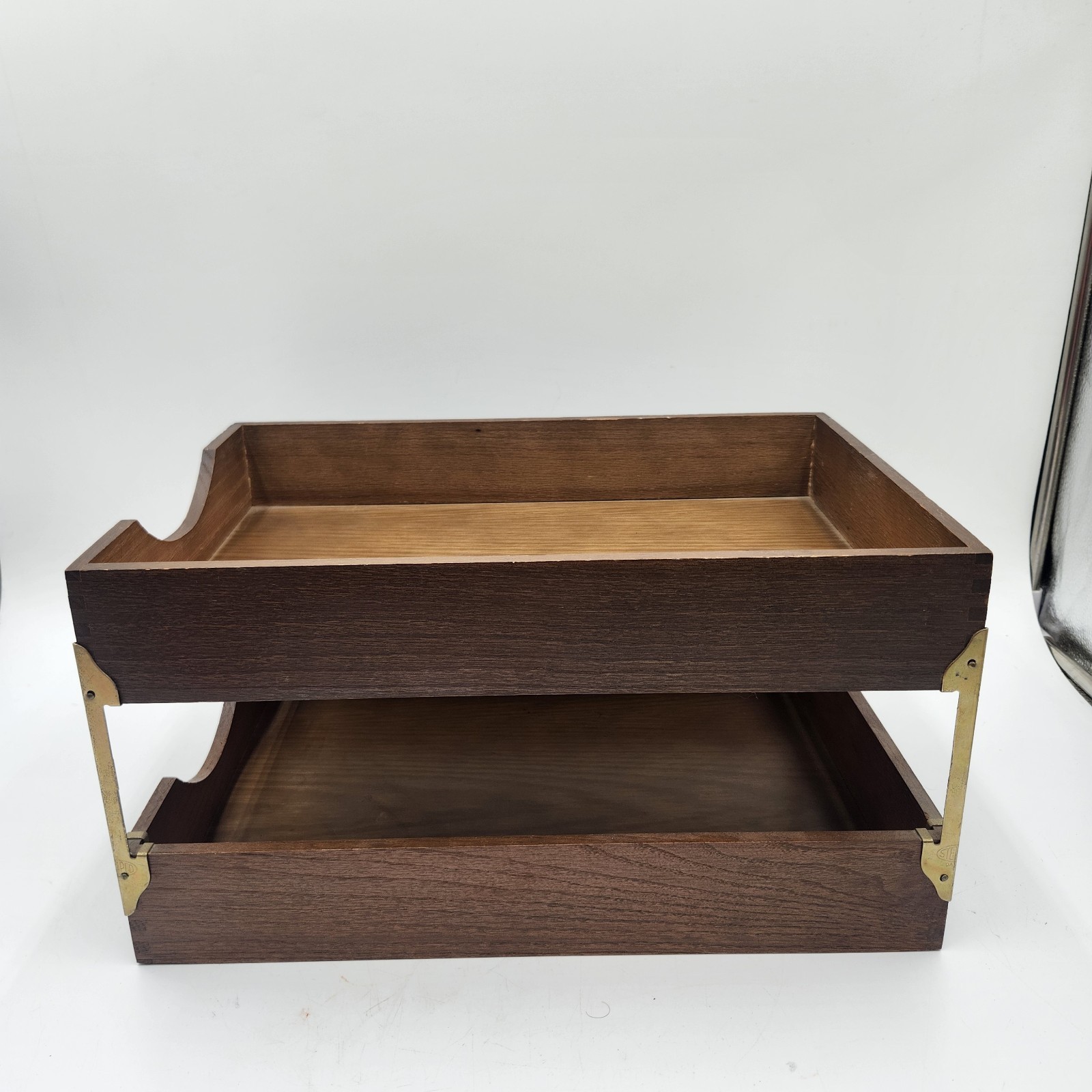 Vintage Wooden wood Stacking Letter Tray Set Brass Hardware Mid-Century dovetail