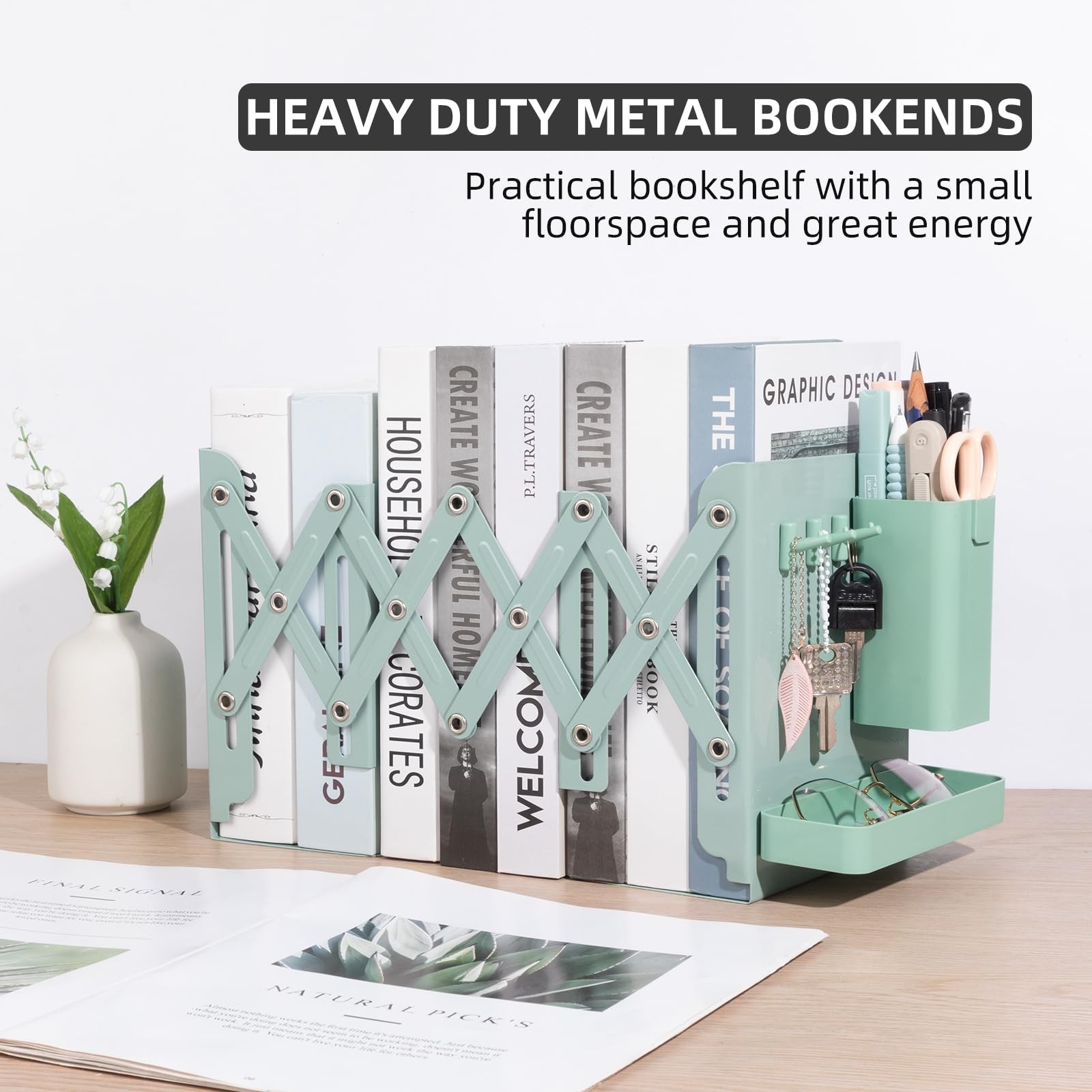 ALKALO Adjustable Bookends, 19″ Metal Book Ends for Heavy Books, 2 Green
