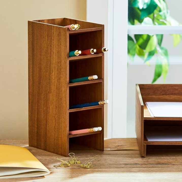 Pen+Gear Wooden Pencil Tower Vertical Pen Holder Marker Organizer Desk Storage
