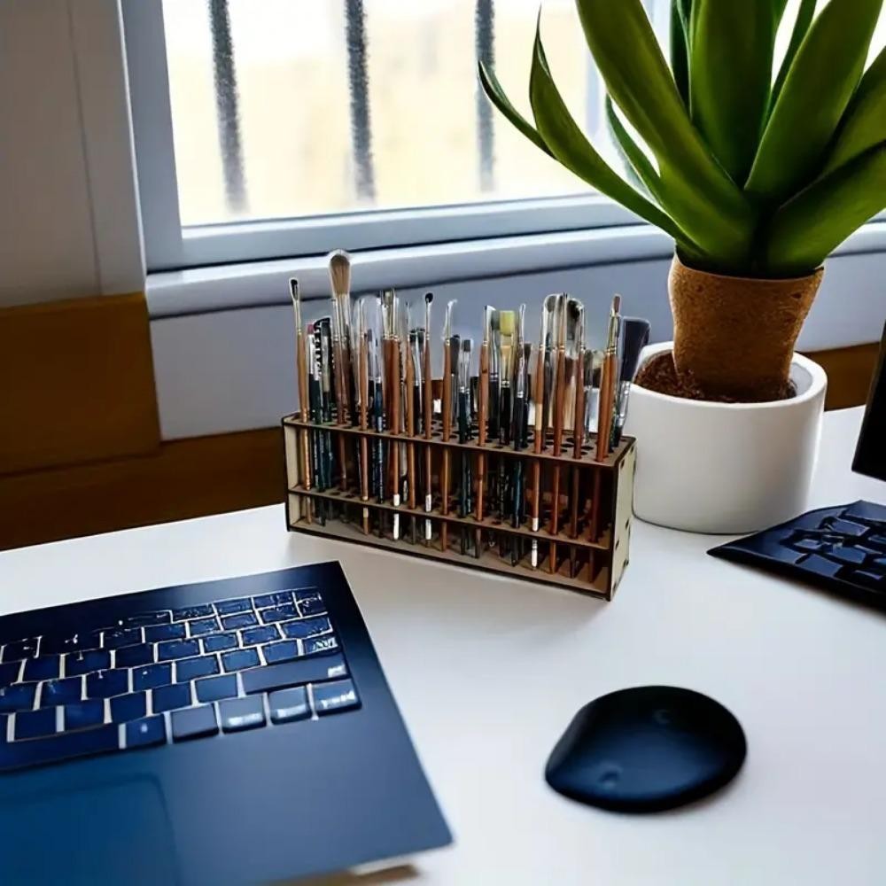 67-slot Premium Wooden Brush Holder – Durable Artist Desk Organizer, Pencil & Pa