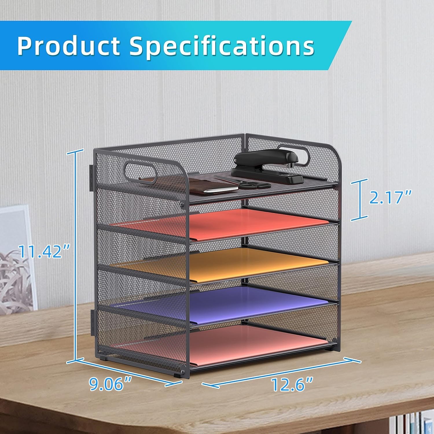 5Tray Mesh Desk Organizer with Handle, Grey Paper Sorter