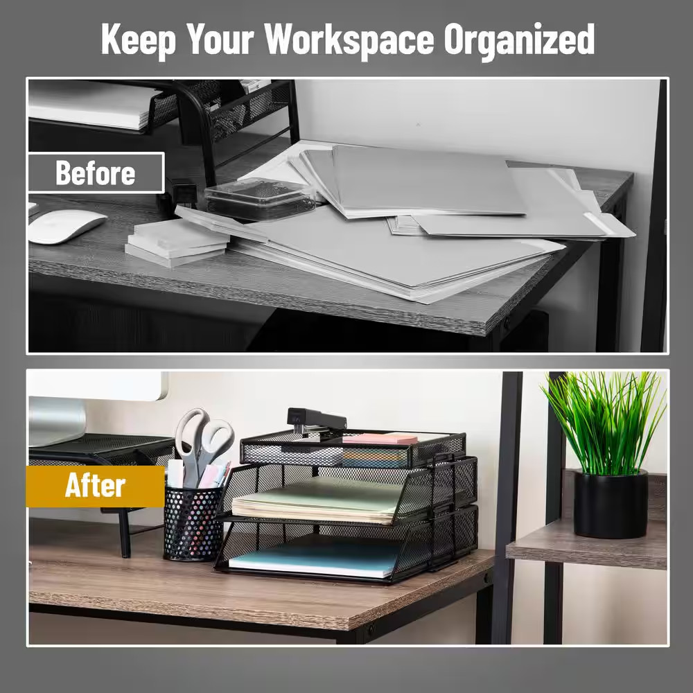 2 Tier Paper Tray with Top Supply Compartment, Desktop File Organizer, Metal Mes