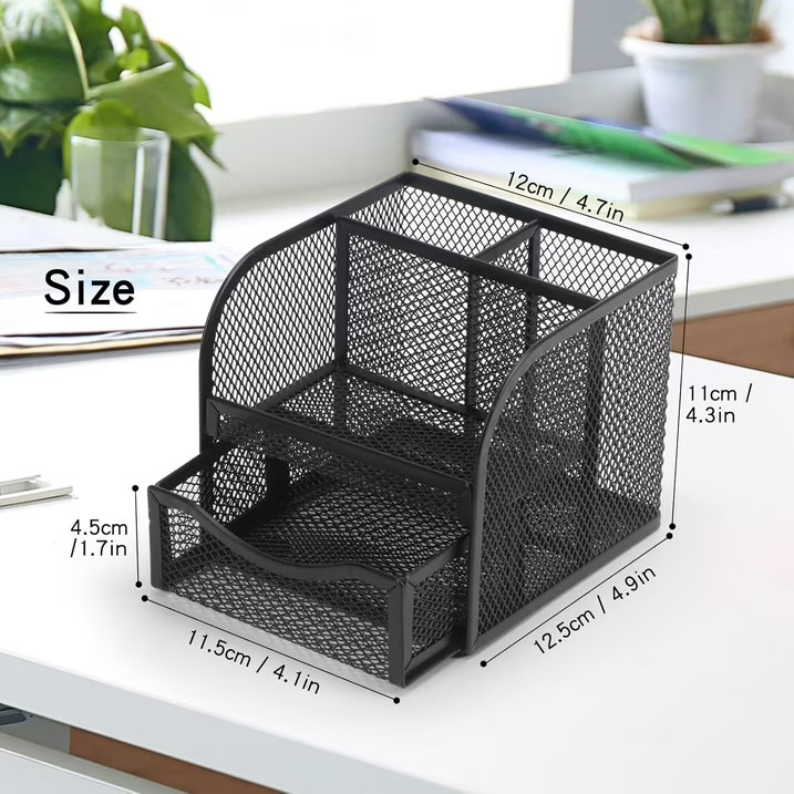Mesh Desk Organizer with Drawer Metal Pen Pencil Holder Cup Office Desktop Stora