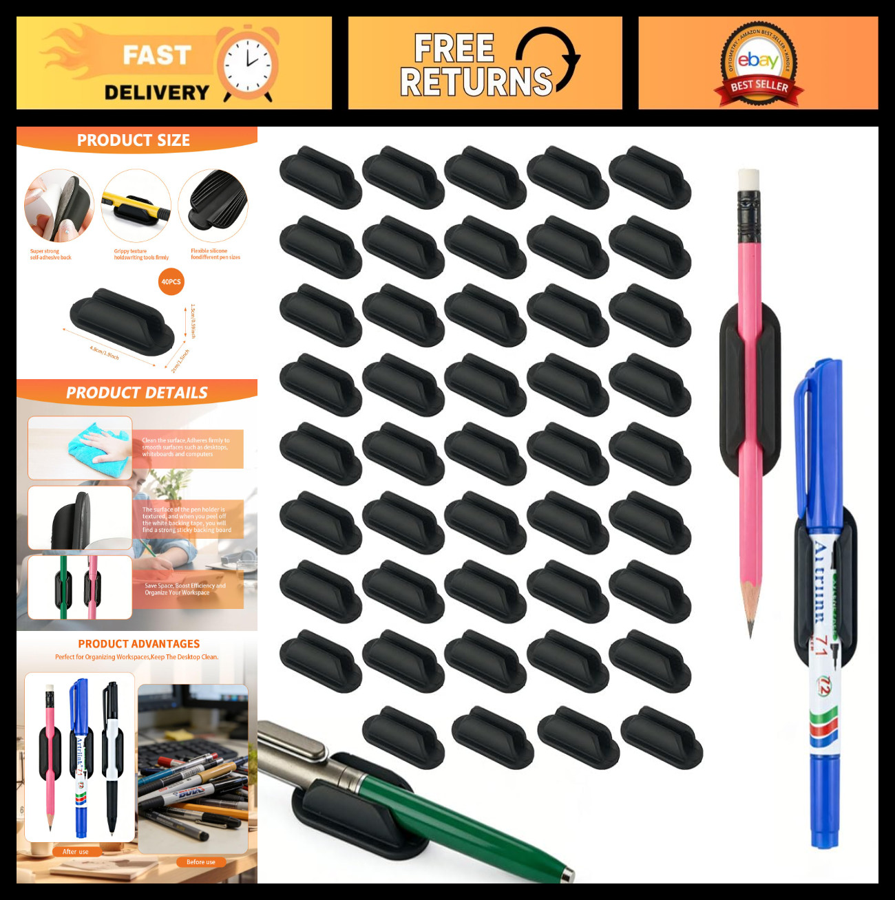 40 PCS Silicone Adhesive Pencil Holders – Flexible Desk & Wall Organizers, Offic