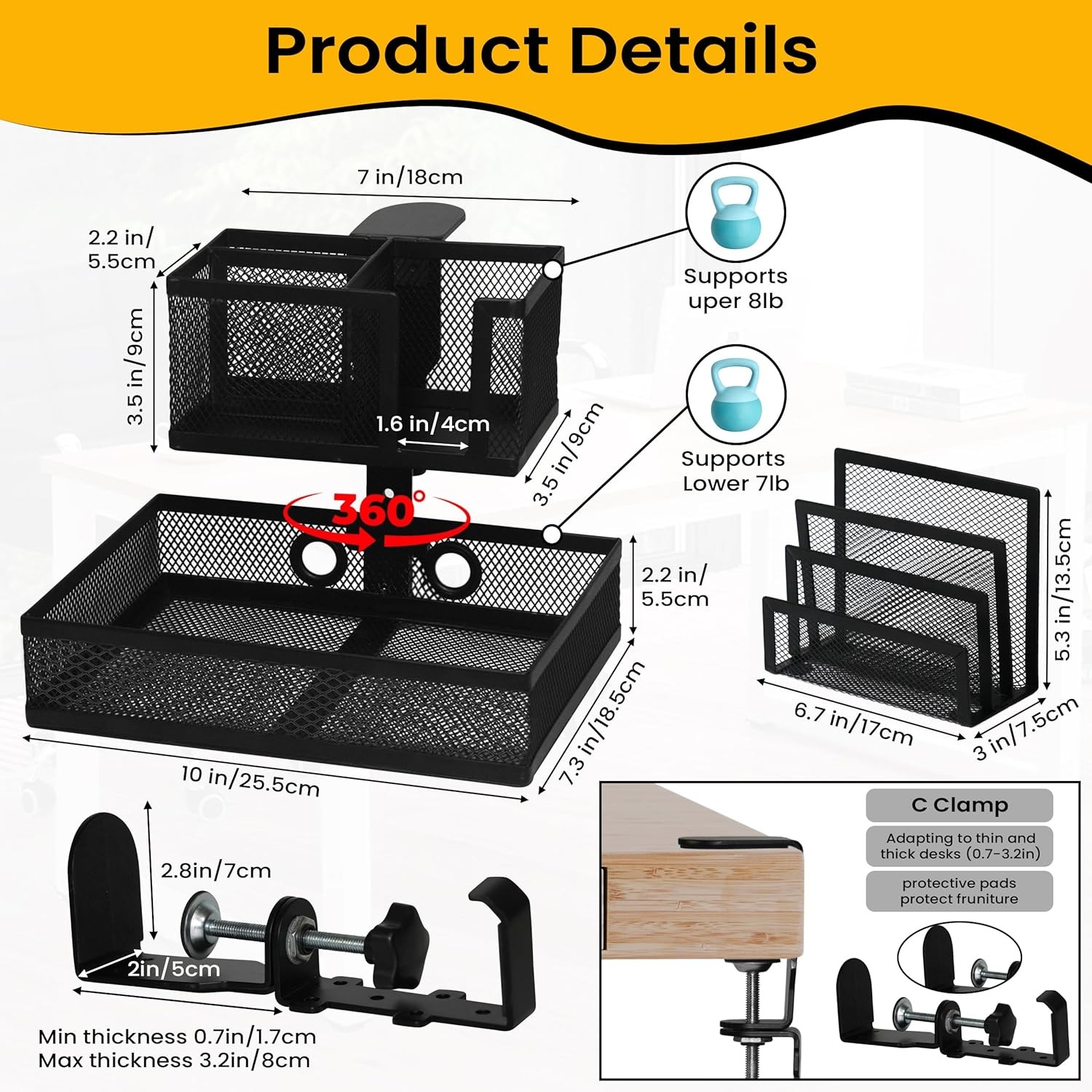 6-in-1 Clamp On Desk Organizer with Cup Holder & 360° Rotating Under Desk Dra…