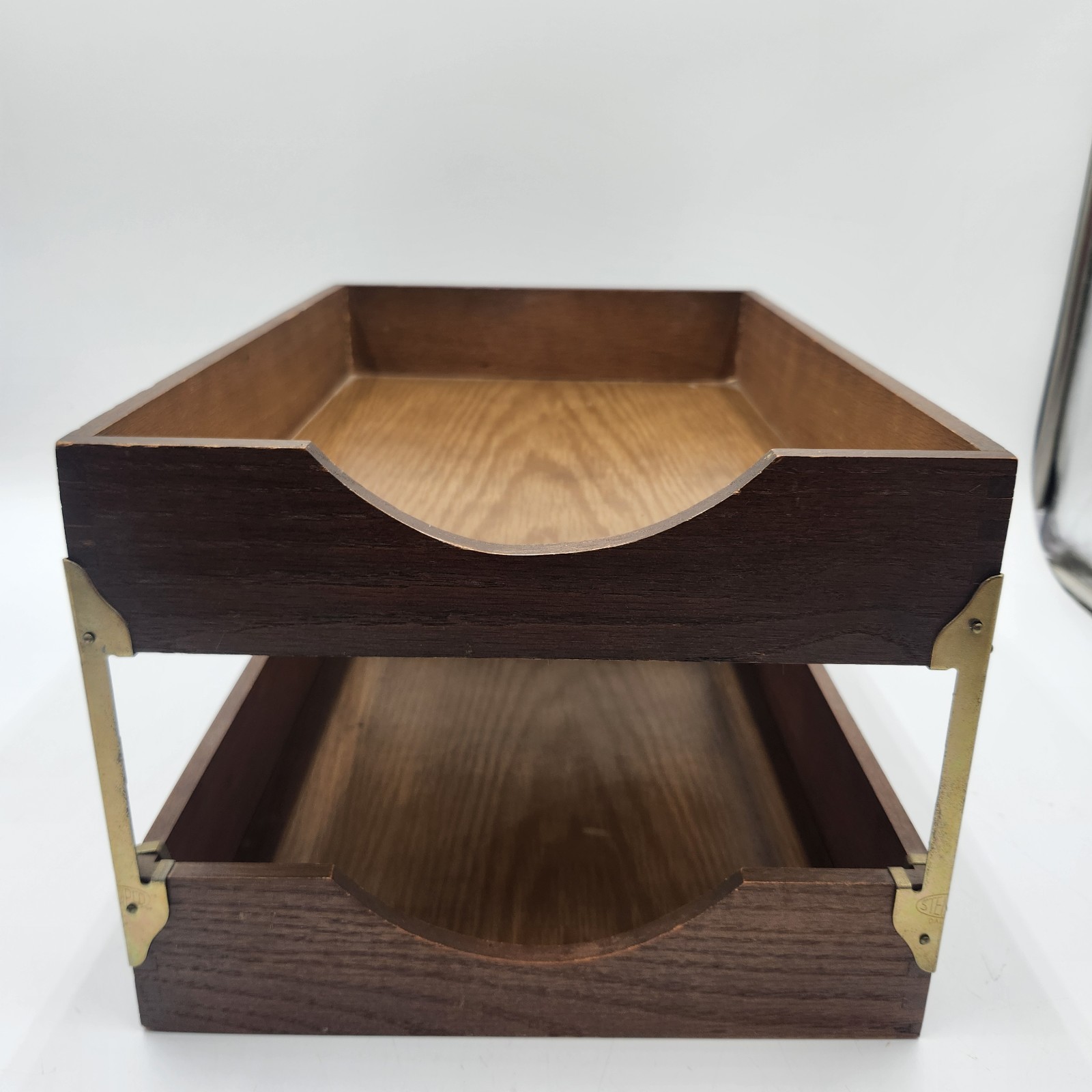 Vintage Wooden wood Stacking Letter Tray Set Brass Hardware Mid-Century dovetail