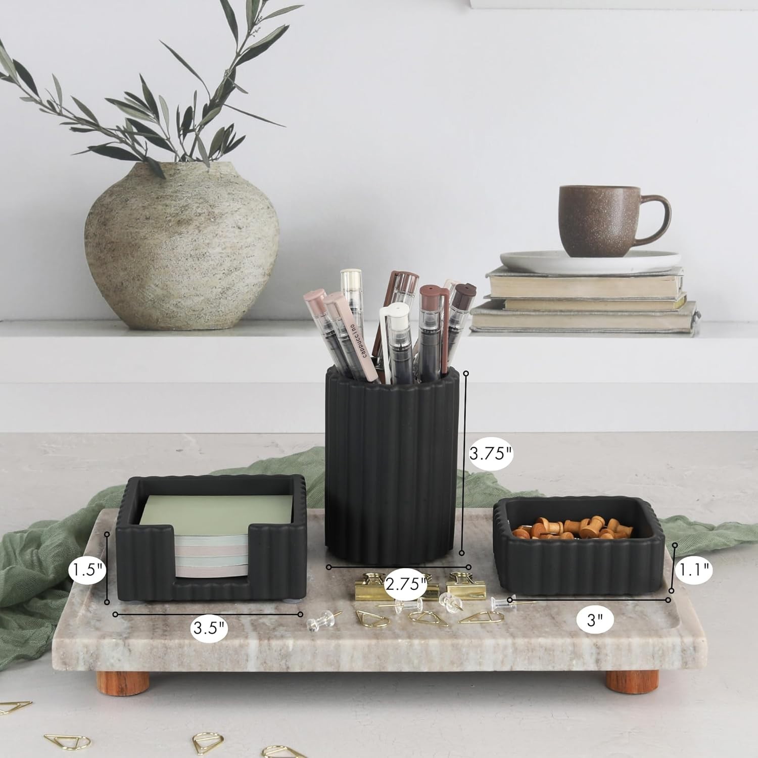 Modern Concrete Desk Organizer Set for Pens & Supplies – Black Brushed Finish