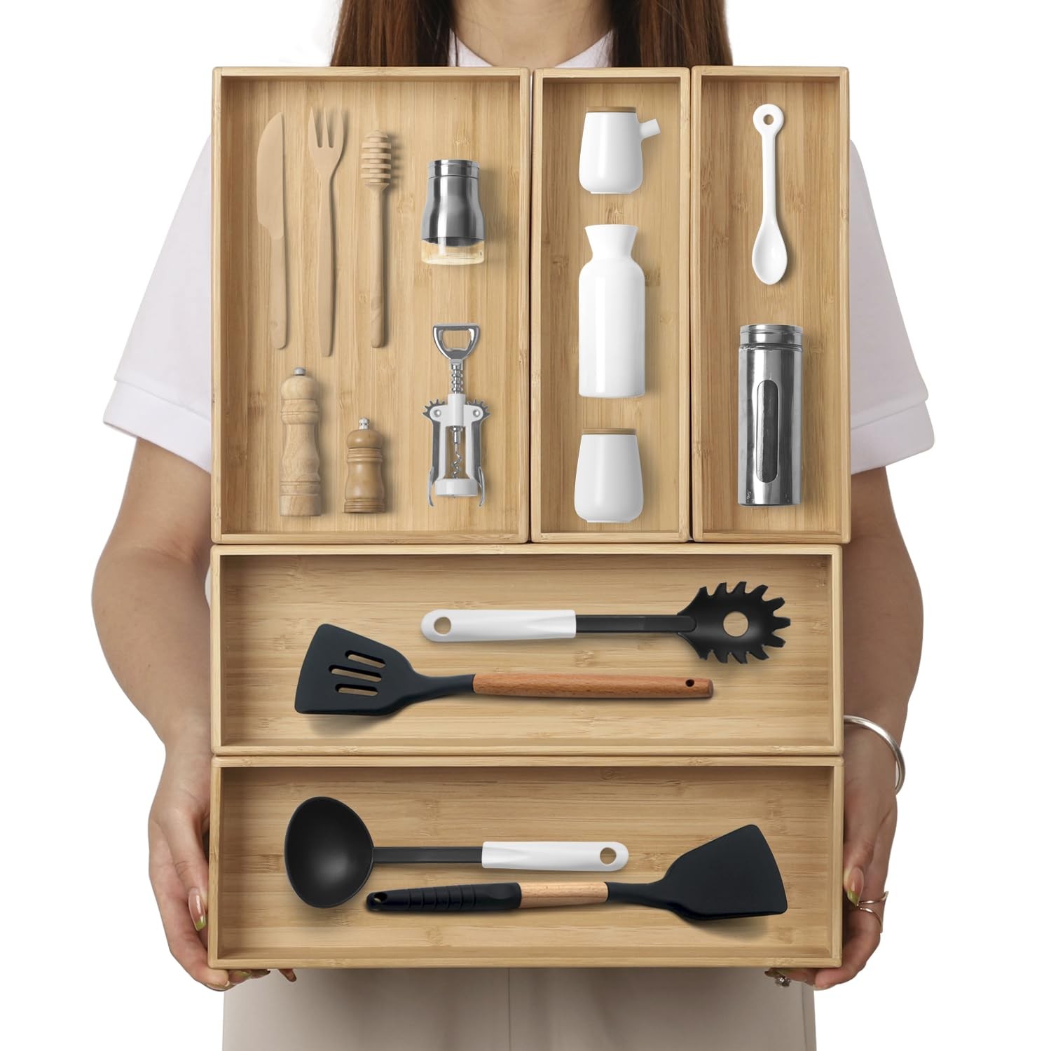 BAMOTTO CRAFTBAMBOO Stack 19.2″ L x 13.3″ W x 2.2″ H, Bamboo (5 Piece Set)