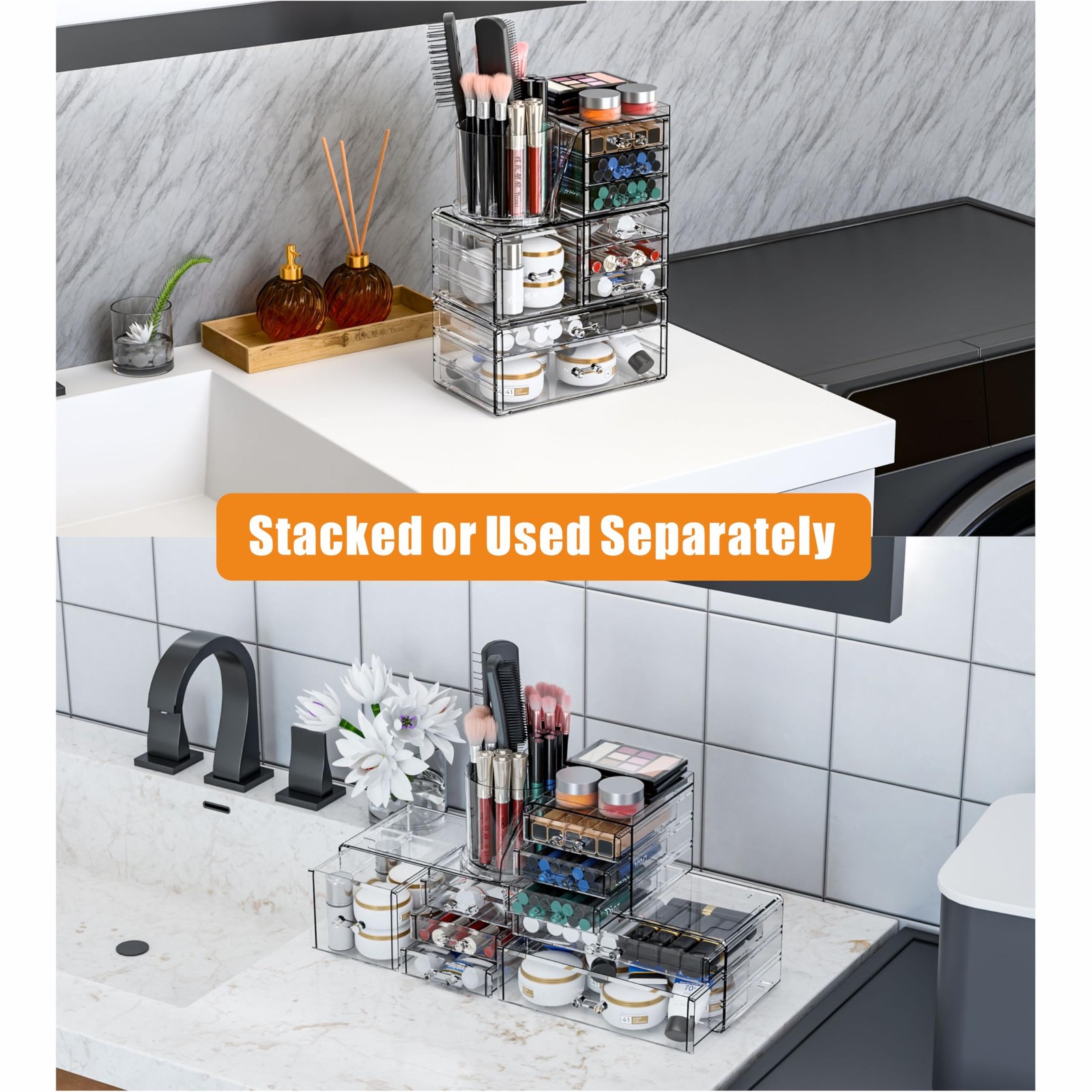 SuoXing 3 Pack Clear Acrylic Makeup Organizer for Vanity With 9 Drawer,