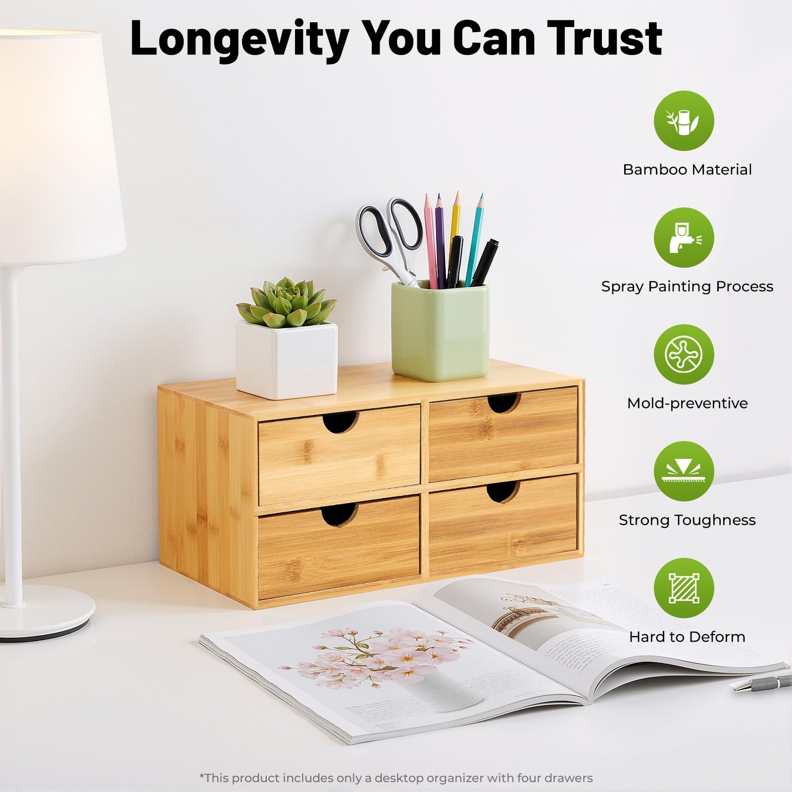 Gdrasuya10 Bamboo Desk Organizer, Drawer Tabletop 4 Drawer, Raw Wood Color