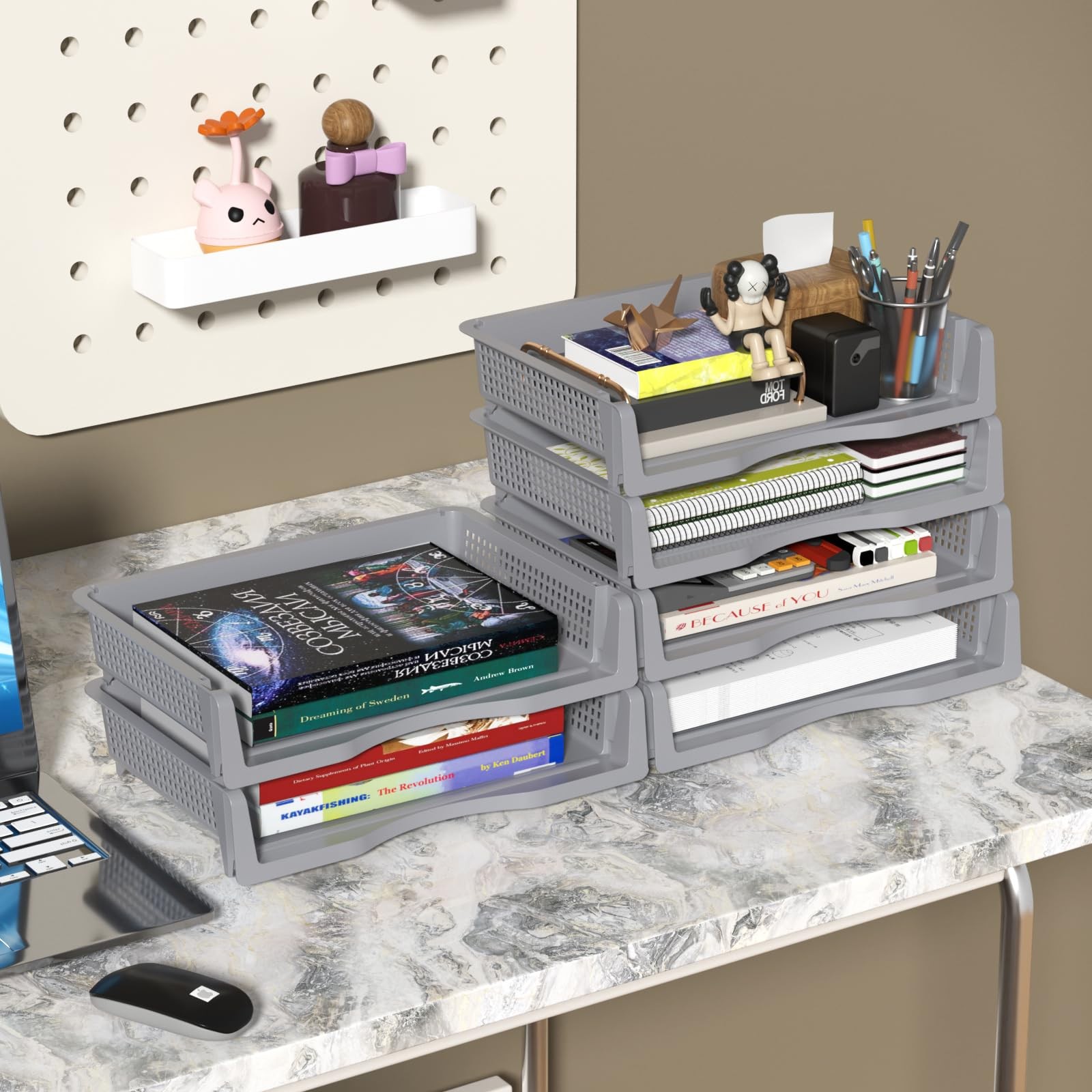 6 PCS Grey Office Desk Tray Organizer Stackable Paper Letter Storage Baskets