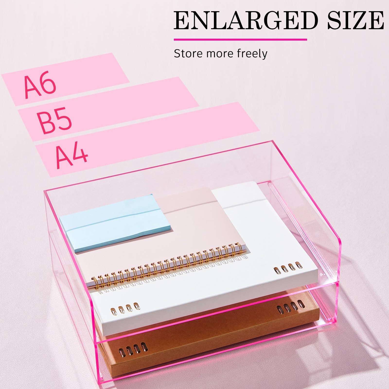 4 Tier Pink Acrylic Desk File Organizer Stackable Letter/A4 Paper Tray Home