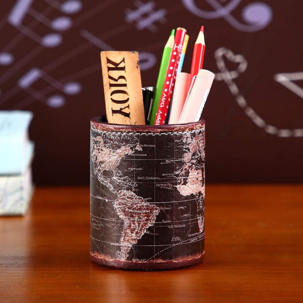 Black World Map Pencil Holder for Desk, PU leather Pencil Cup, Globe Pen Holder