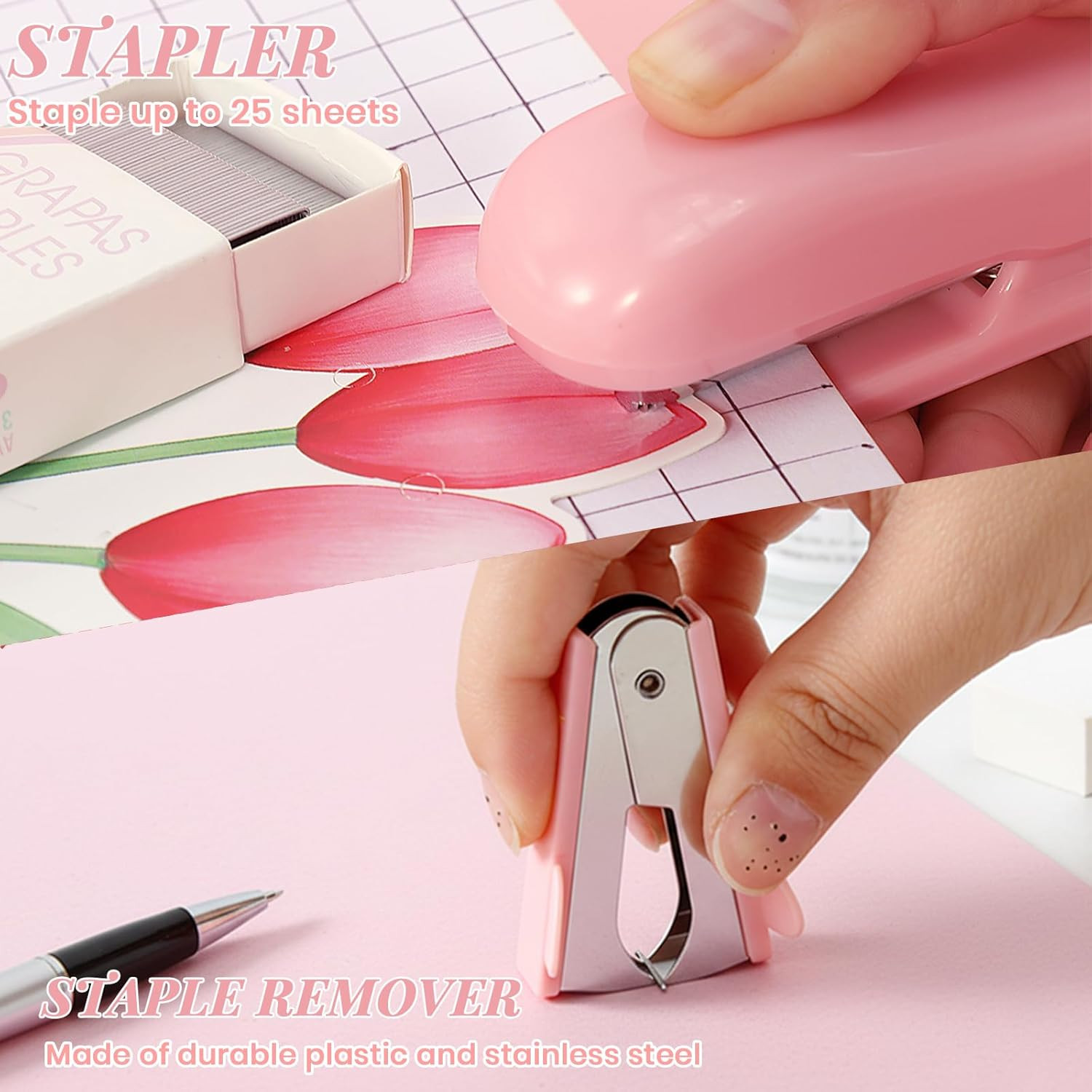 Pink Desk Accessories, 11Pcs Desk Organizer with 360°Rotating Pen Holder, Staple
