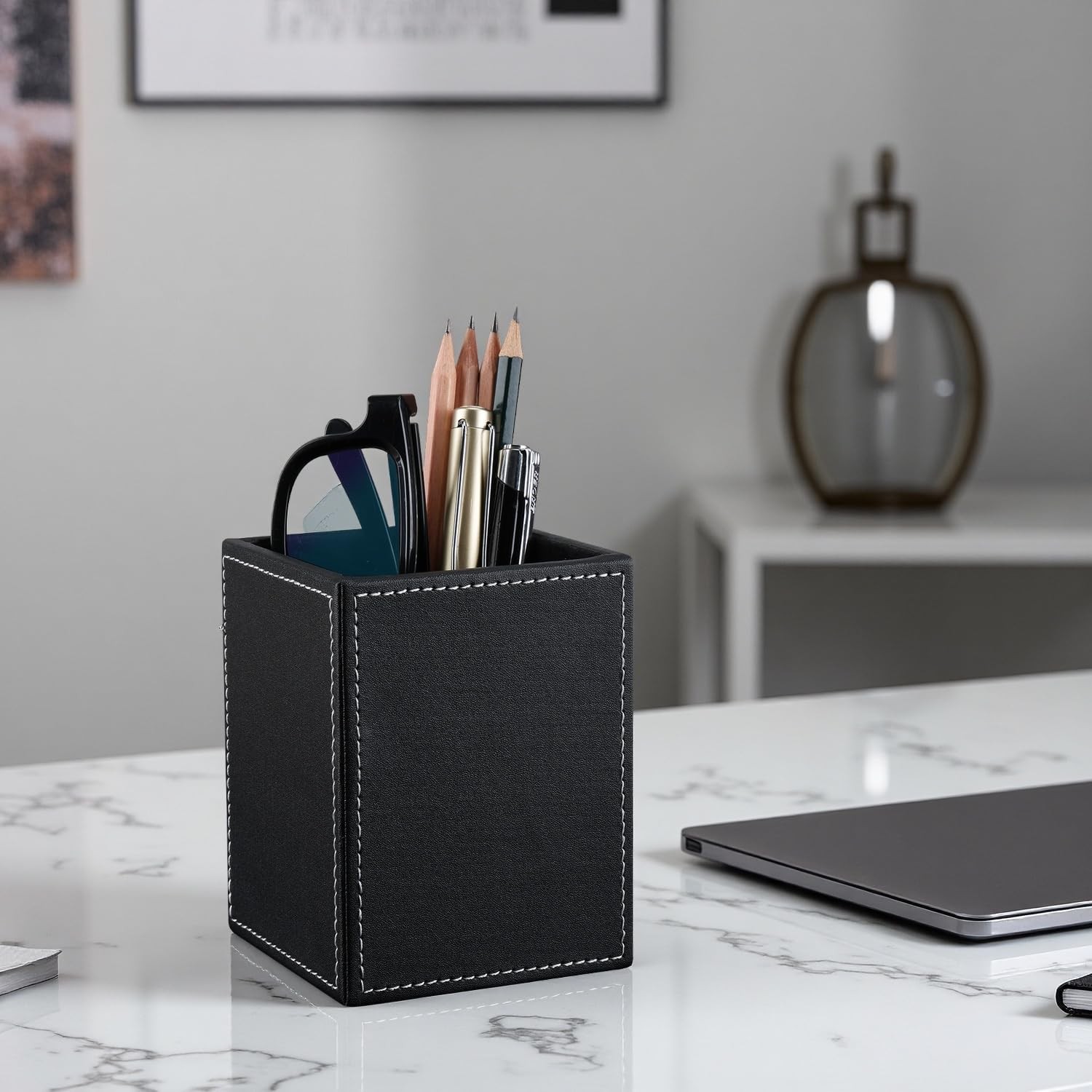 PU Leather Square Pens Pencils Holder Cup Desktop Stationery Organizer Case O…