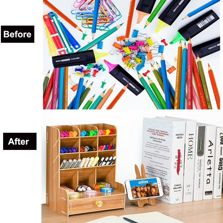 Marbrasse Wooden Desk Organizer DIY Pen Holder 12 Cab Marker Art Supply Storage