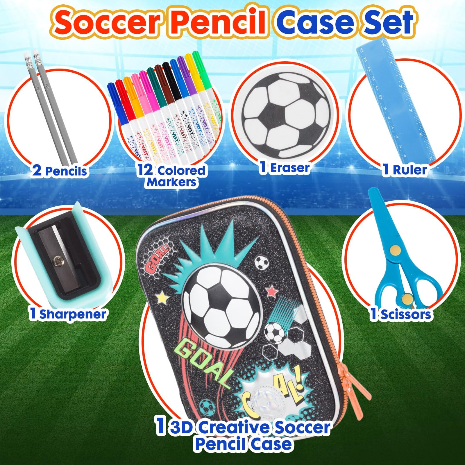 YOYTOO Soccer Pencil Case Stationery Set for Boys, 3D EVA Big Capacity Cute P…