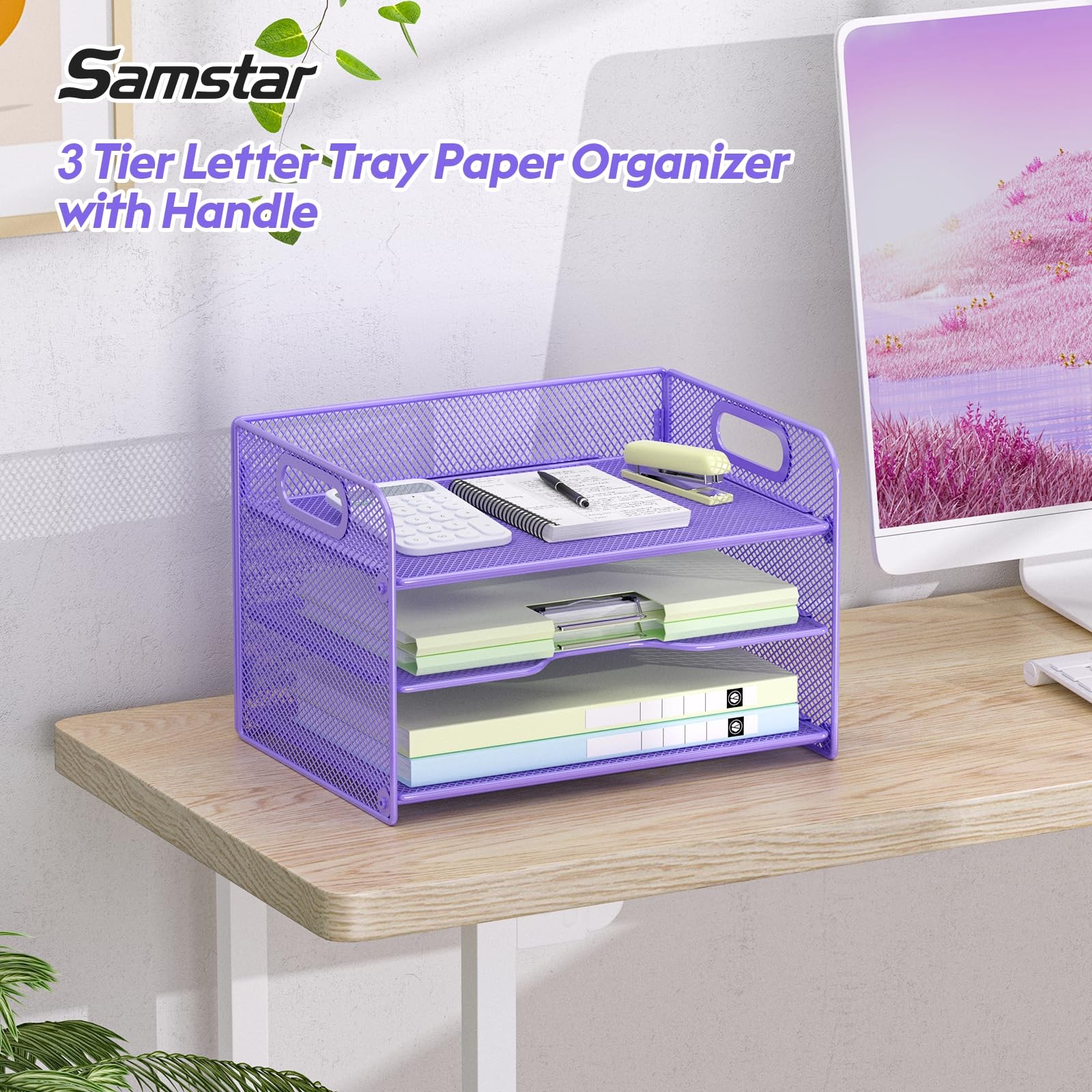 3 Tier Purple Letter Tray Paper Organizer with Handle, Mesh Desk Organizer Pa…