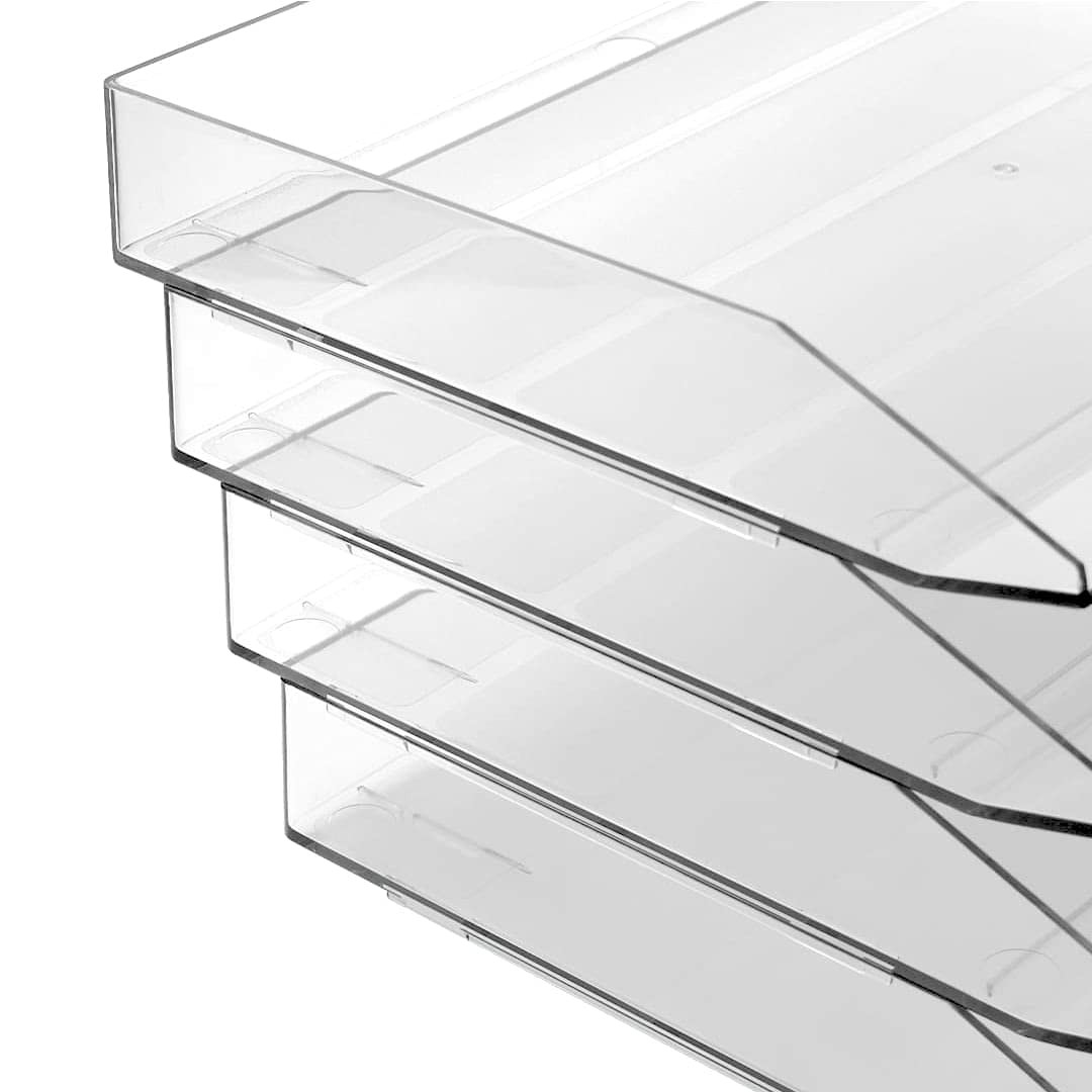 Clear Crystal 4 Tier Plastic Stackable Side Load Letter Paper Tray Organizer