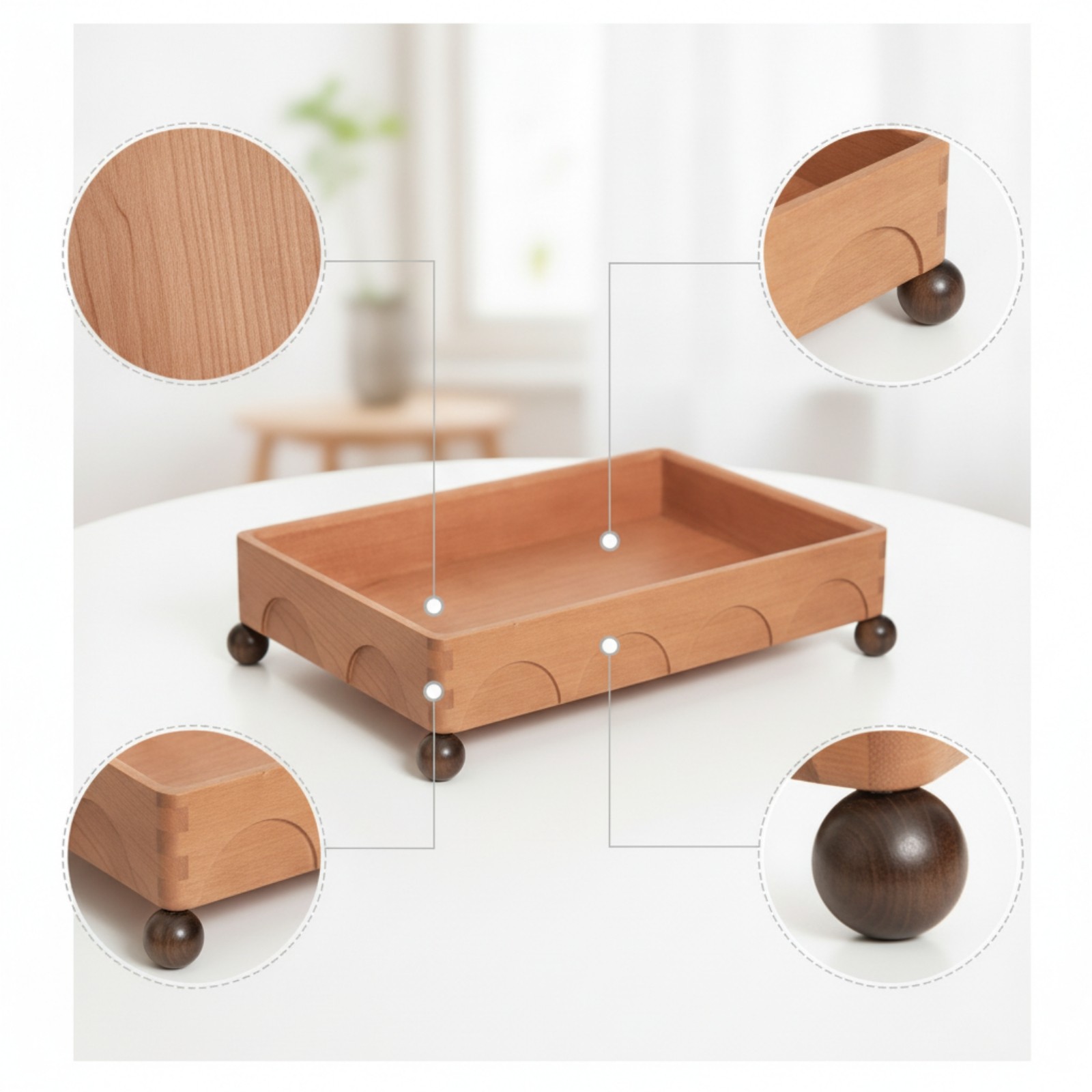 Wooden Tray with Feet Rectangular Wood Storage Tray Space-Saving for Dresser