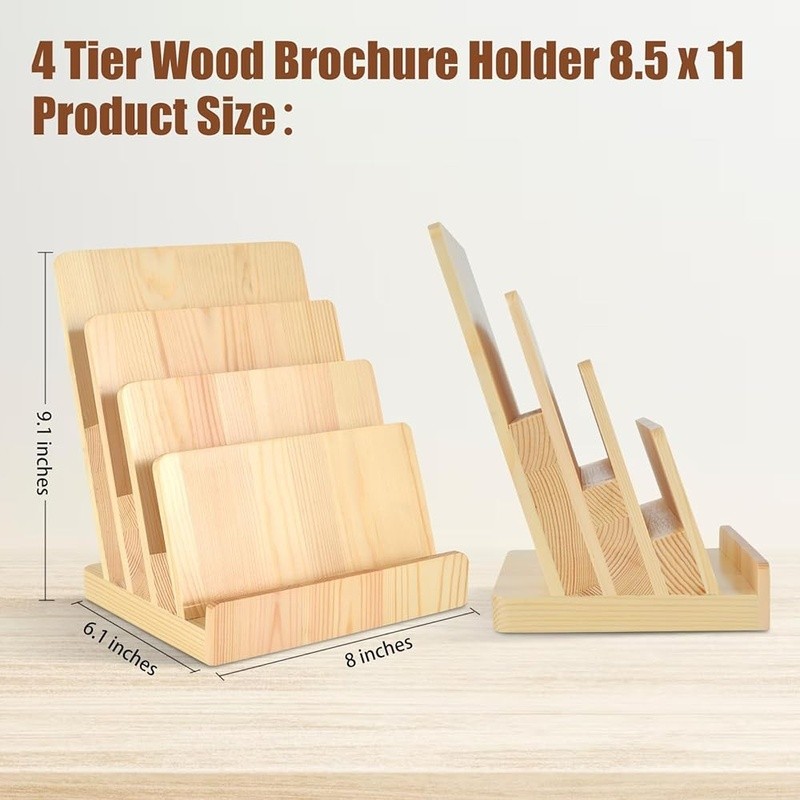 Pine Wood Brochure Holder 4-Tier Display Stand Desk Literature Organizer New