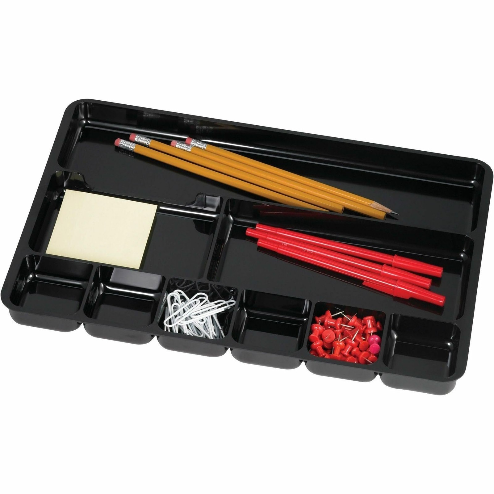 Drawer Tray Organizer, 9-Compartments, 9.38″ x 14″ x 1.25″, Plastic, Black