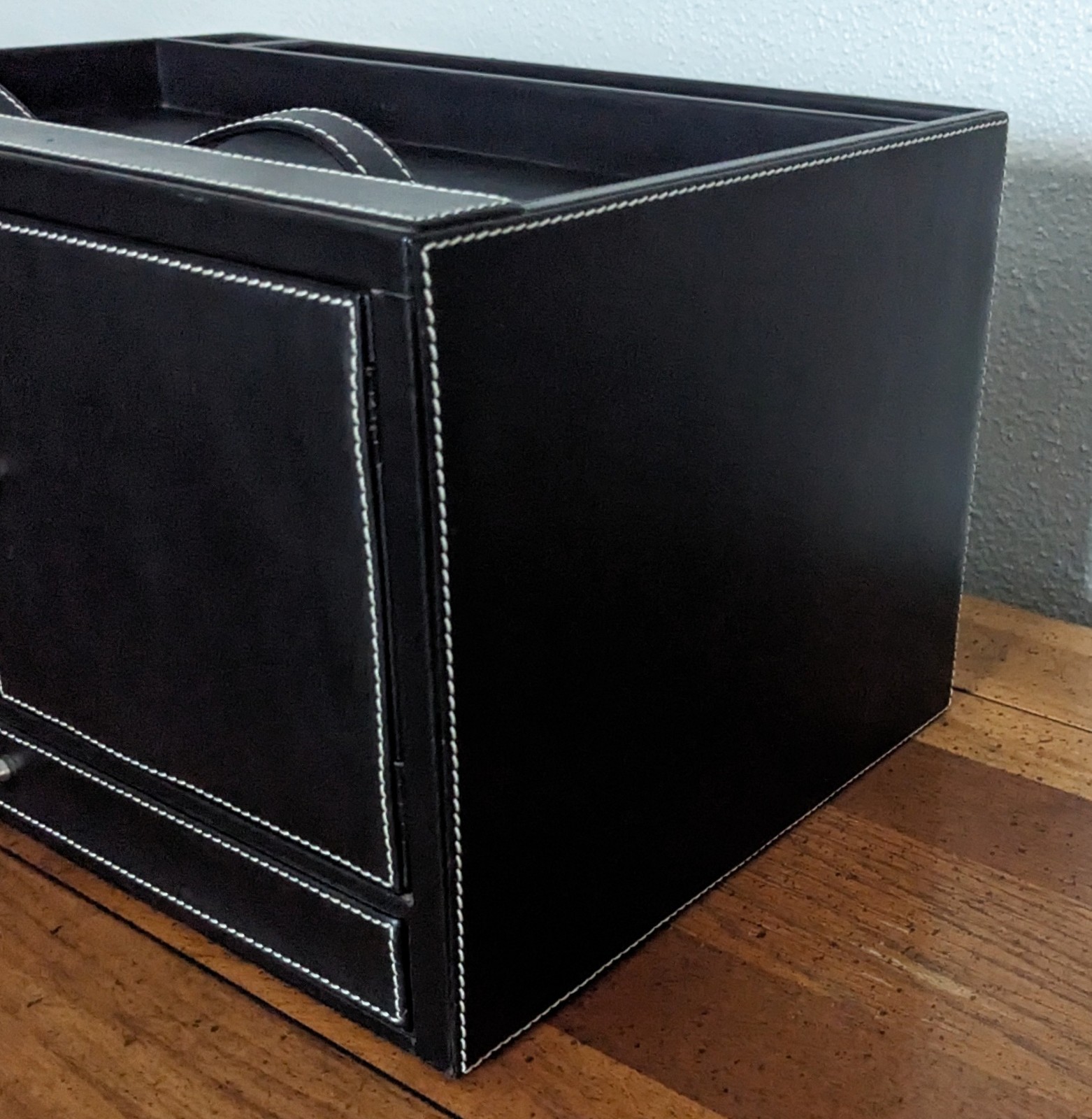 Levenger Leather Desk Organizer Valet Black Double Door Storage Tray Drawer