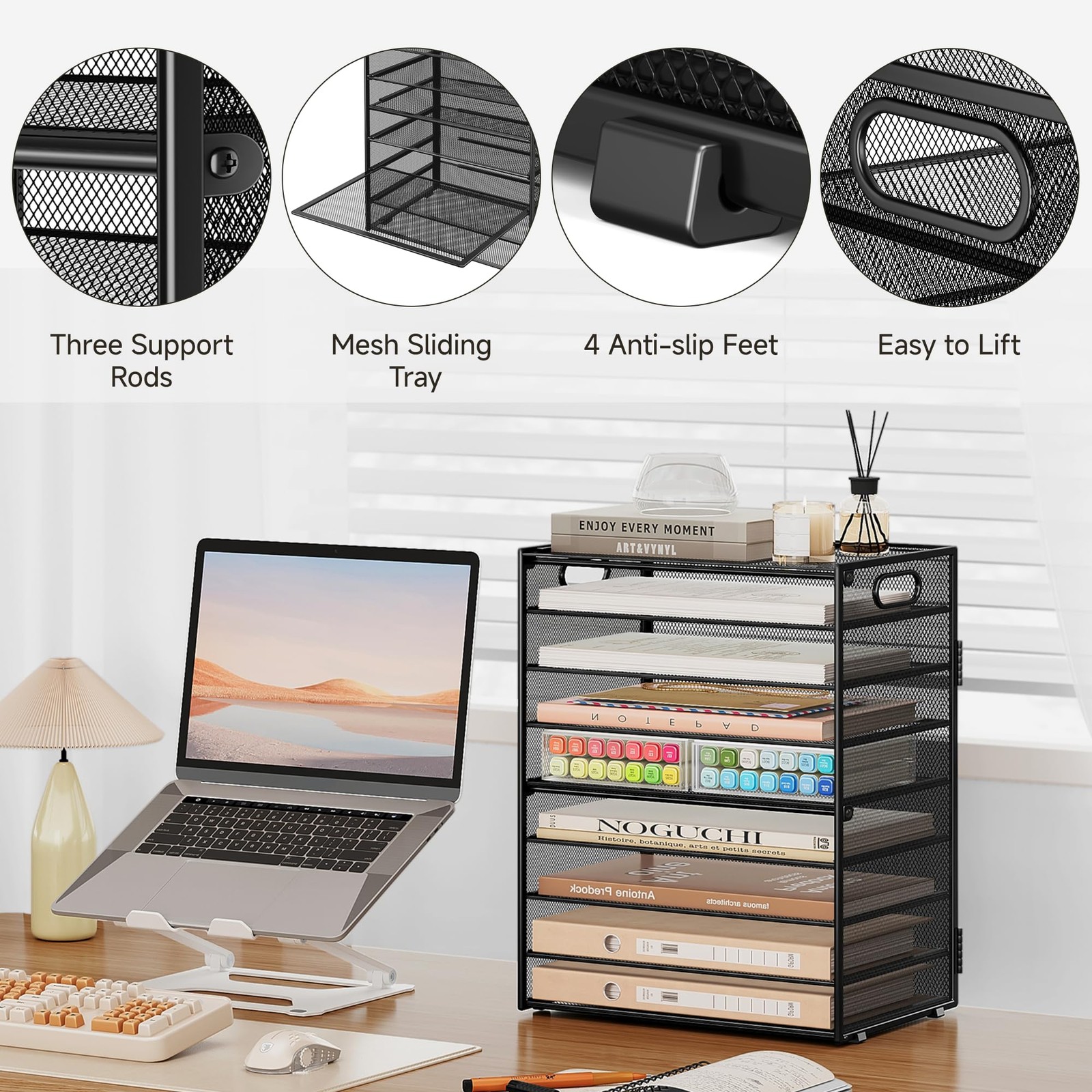 9-Tier Black Metal Mesh Paper Organizer with 6 Adjustable Sliding Trays