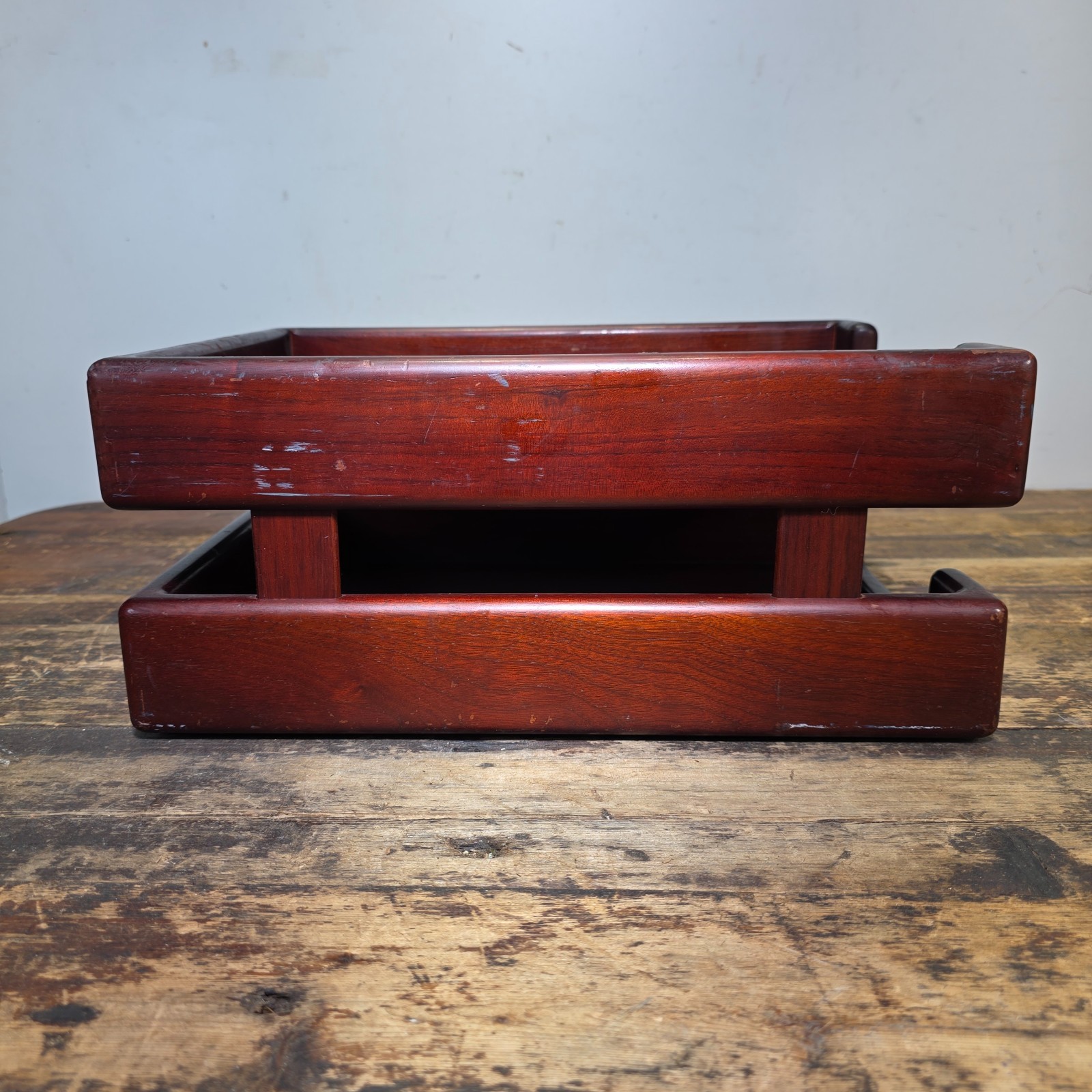 Vintage Wood 2 Tier Letter Tray Desk Organizer Mid Century Modern Rustic Style