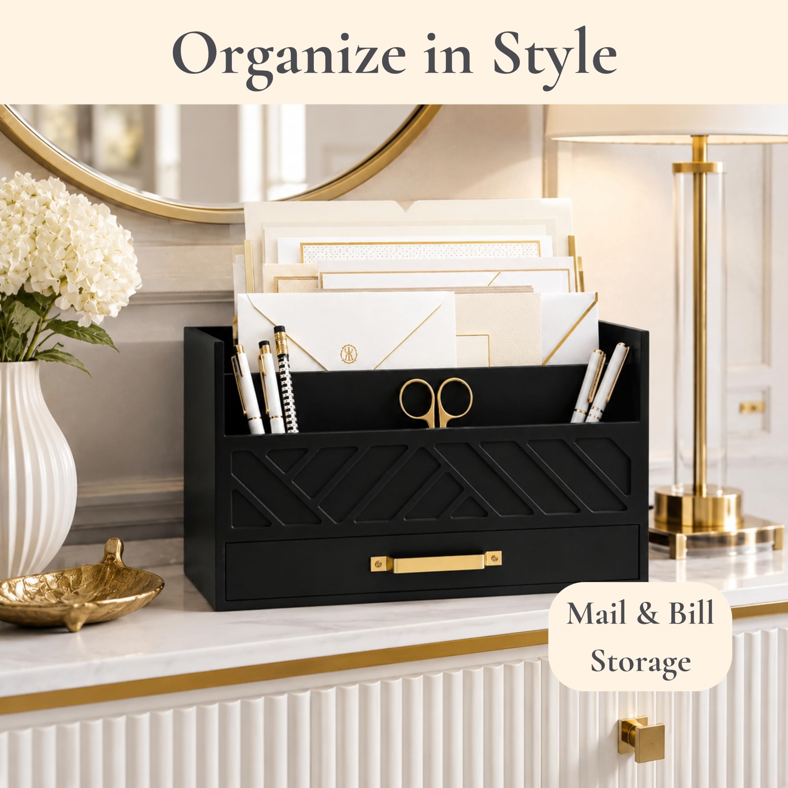 BLU MONACO | Wooden Mail Organizer with Drawer and Gold Handle | Mail Sorter …