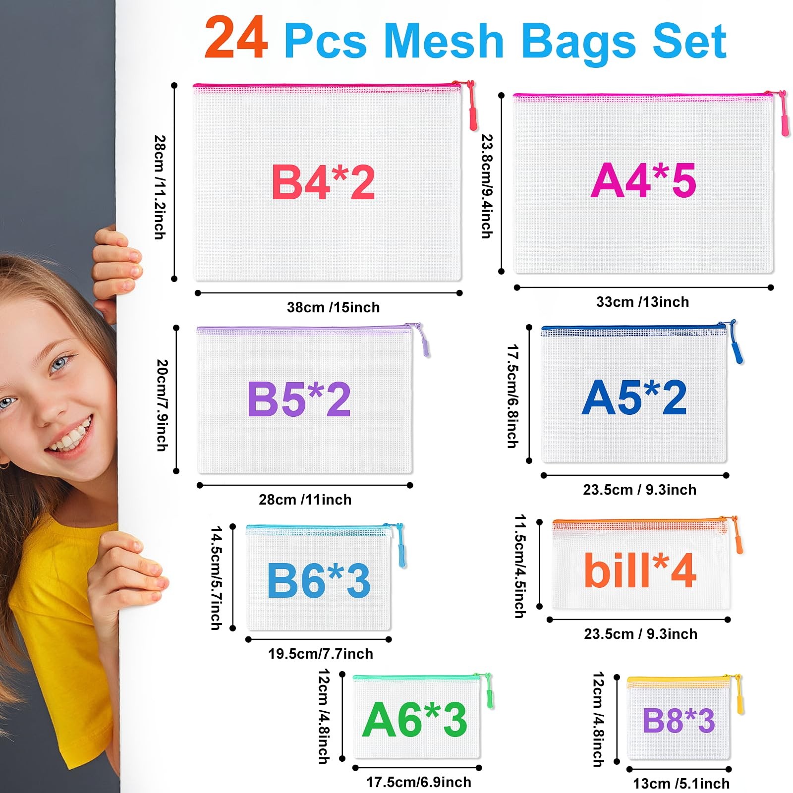 24 Pcs Mesh Zipper Pouch Bags, Plastic Zipper Pouches for Classroom in 8 Sizes,
