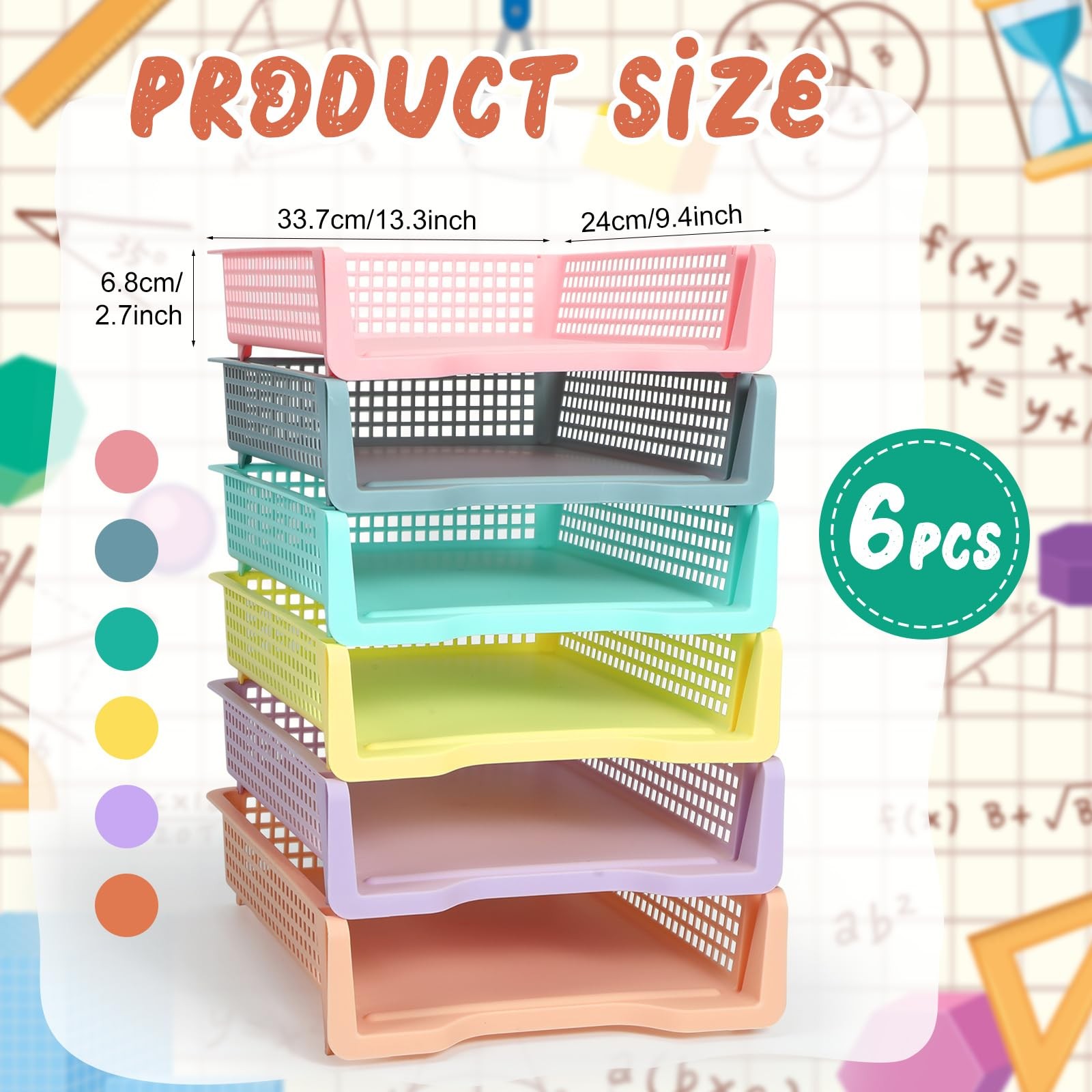 Tenceur 6 Pcs Turn in Trays Classroom, 13.3 x 9.5 x 2.7 Inches, Pastel Colors