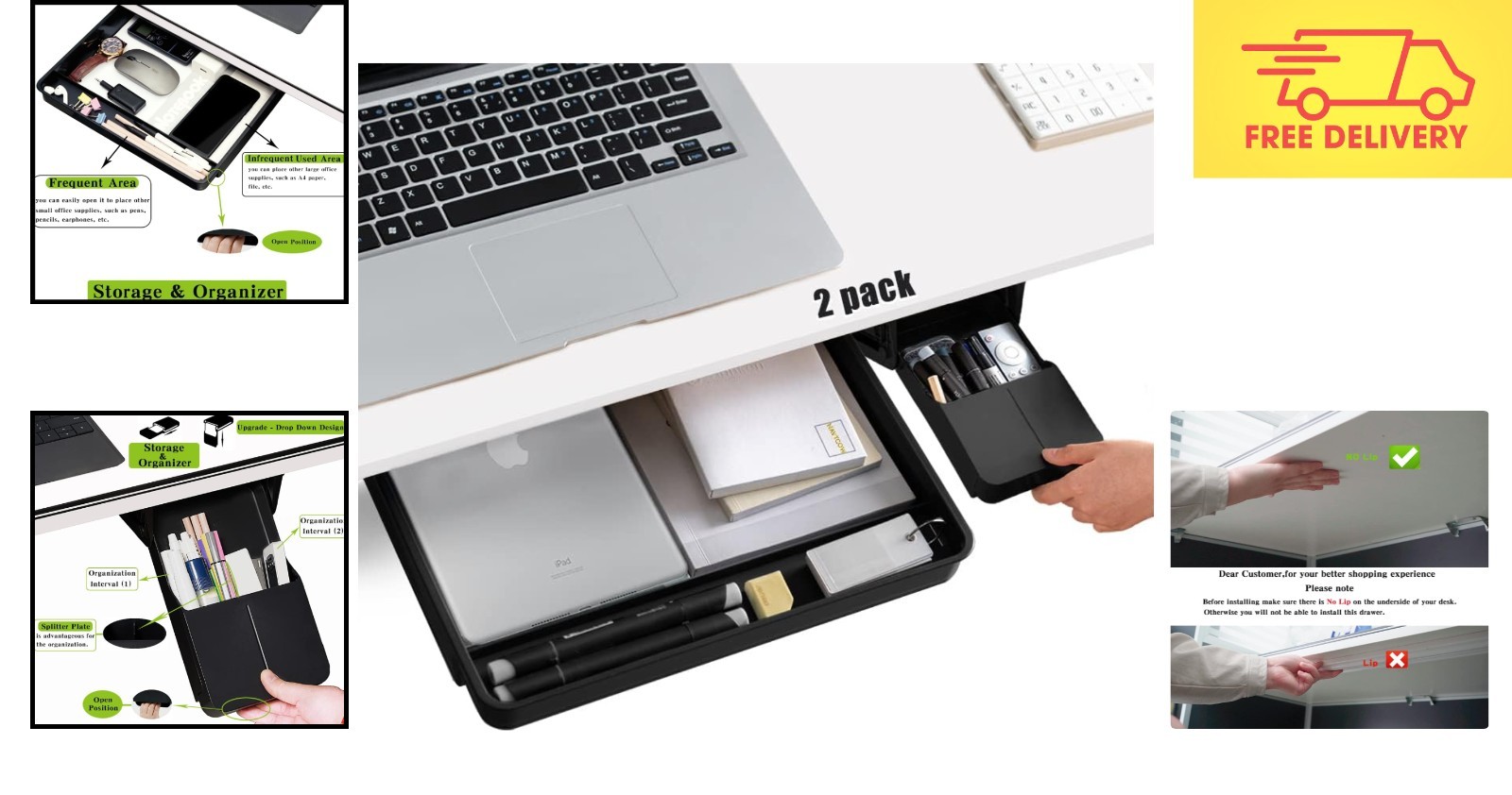Under Desk Drawer Organizer Set – 2 Pack: Large & Small, Black Storage Solution