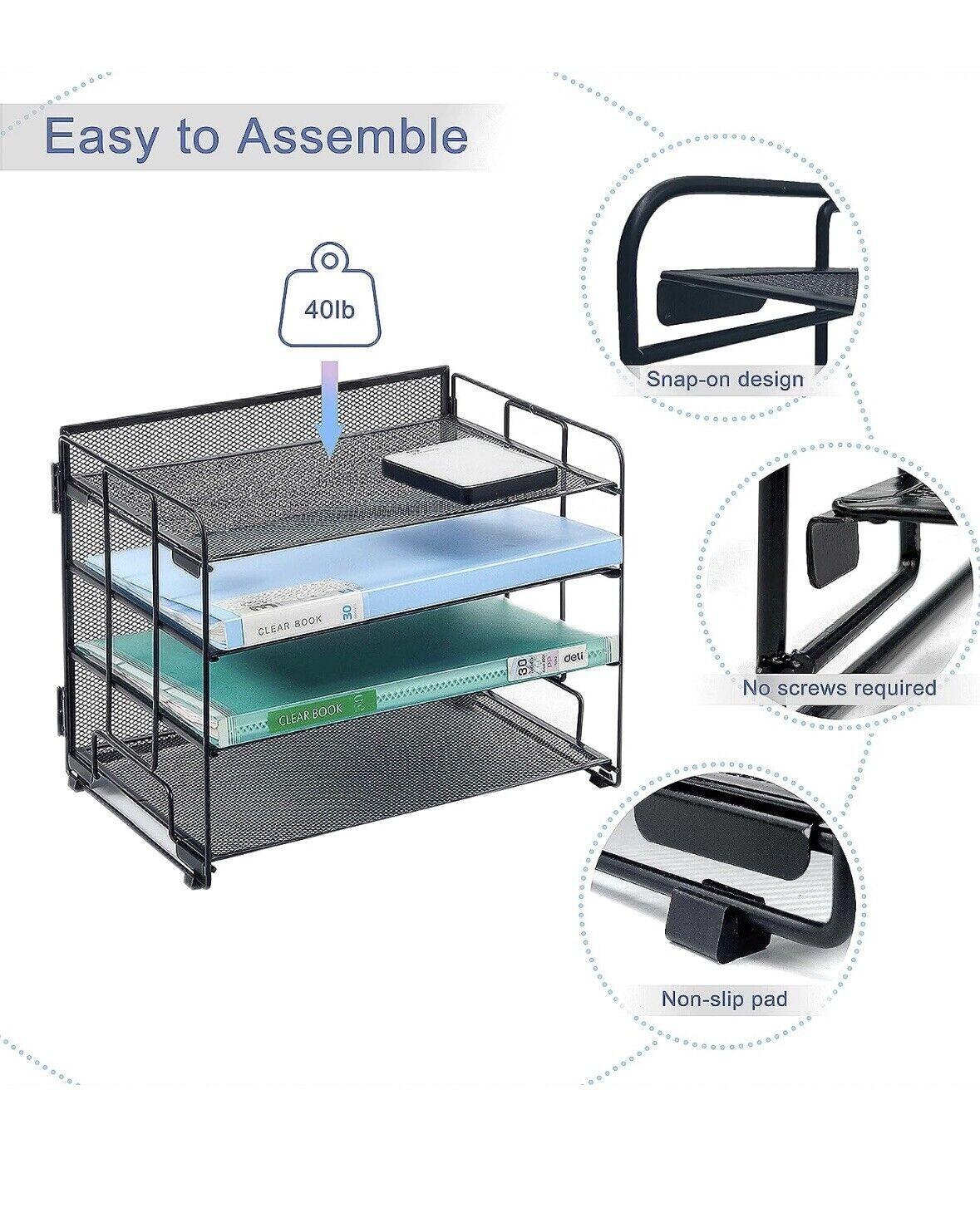 4 Tier Desktop Organizer w Two Pen Holders and Drawer, Office Organization