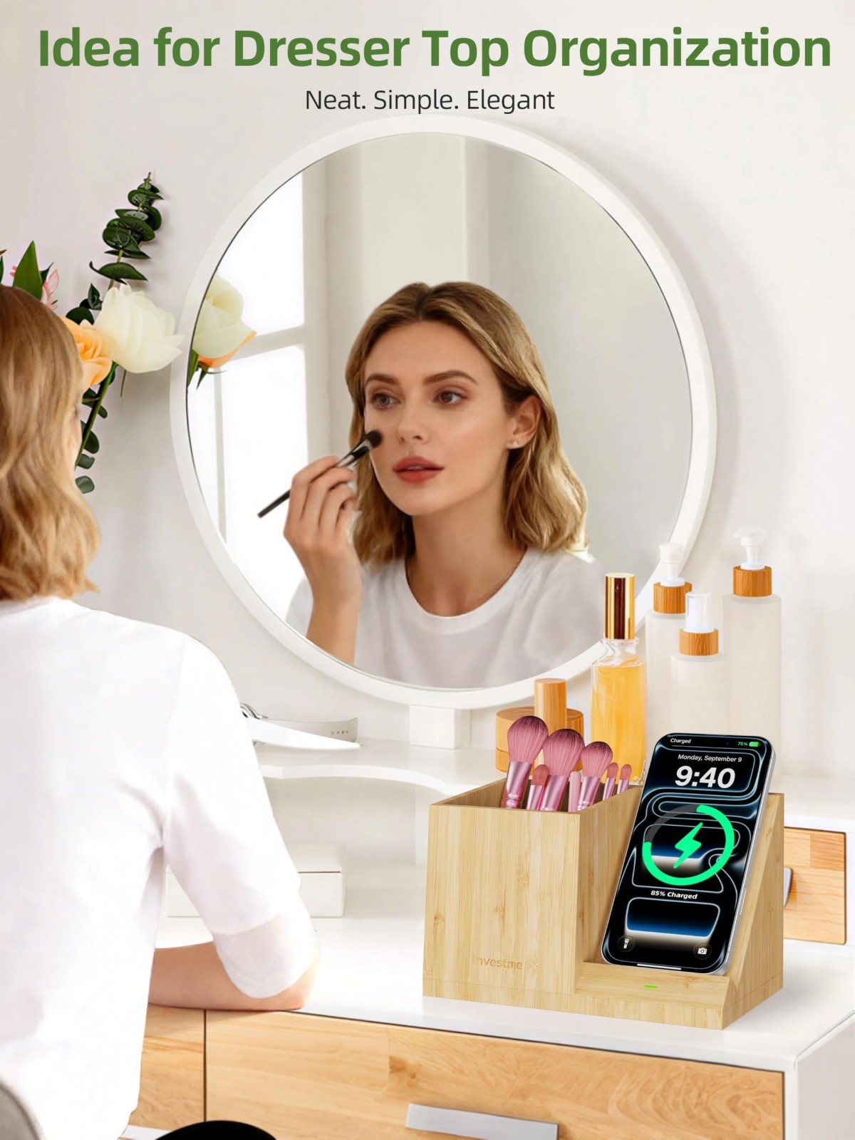 Multifunctional Bamboo Desk Organizer with Wireless Charger & Pen Holder – Fast