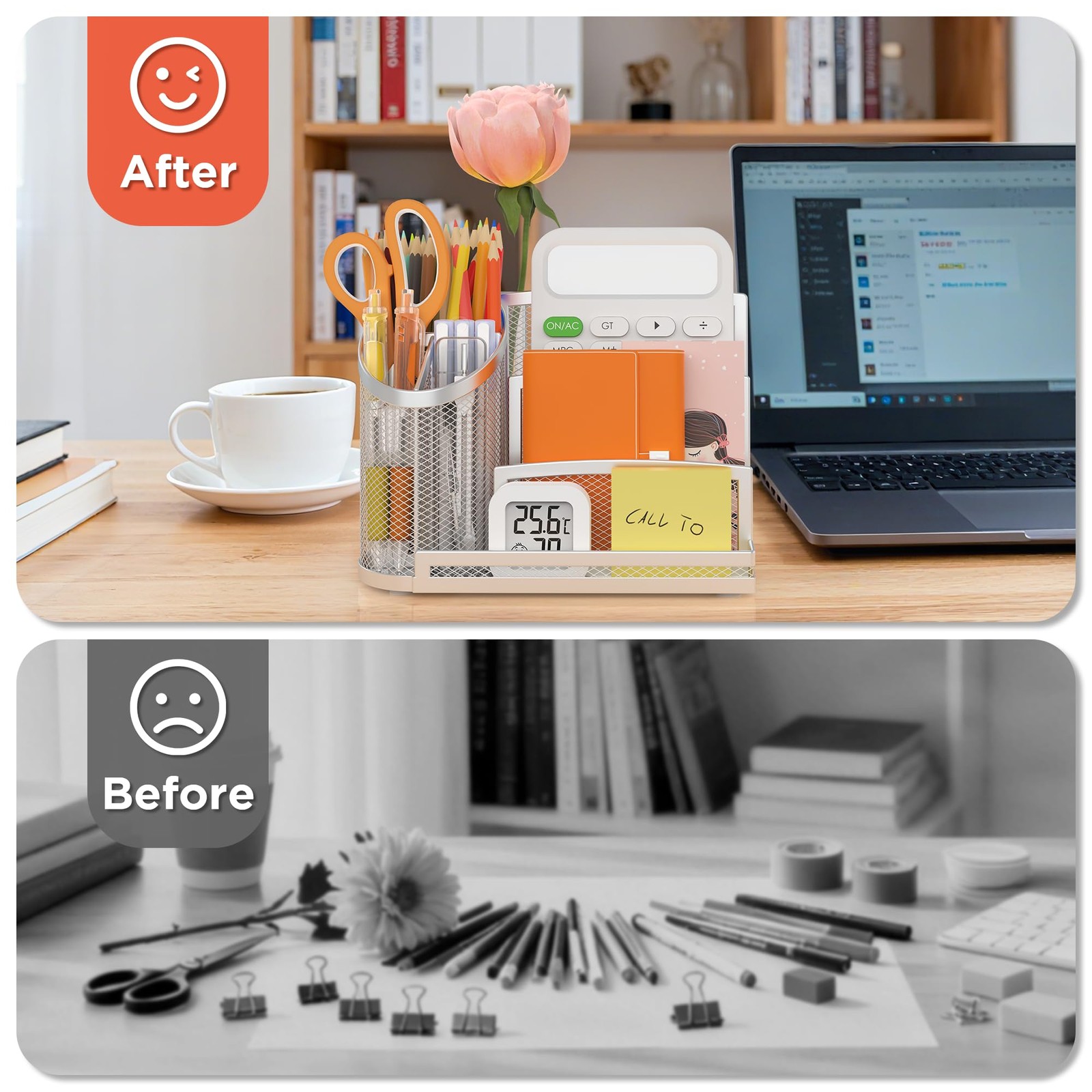 OrgMate 3 Compartment Pen Holder with Vertical Mail Organizer and Silver